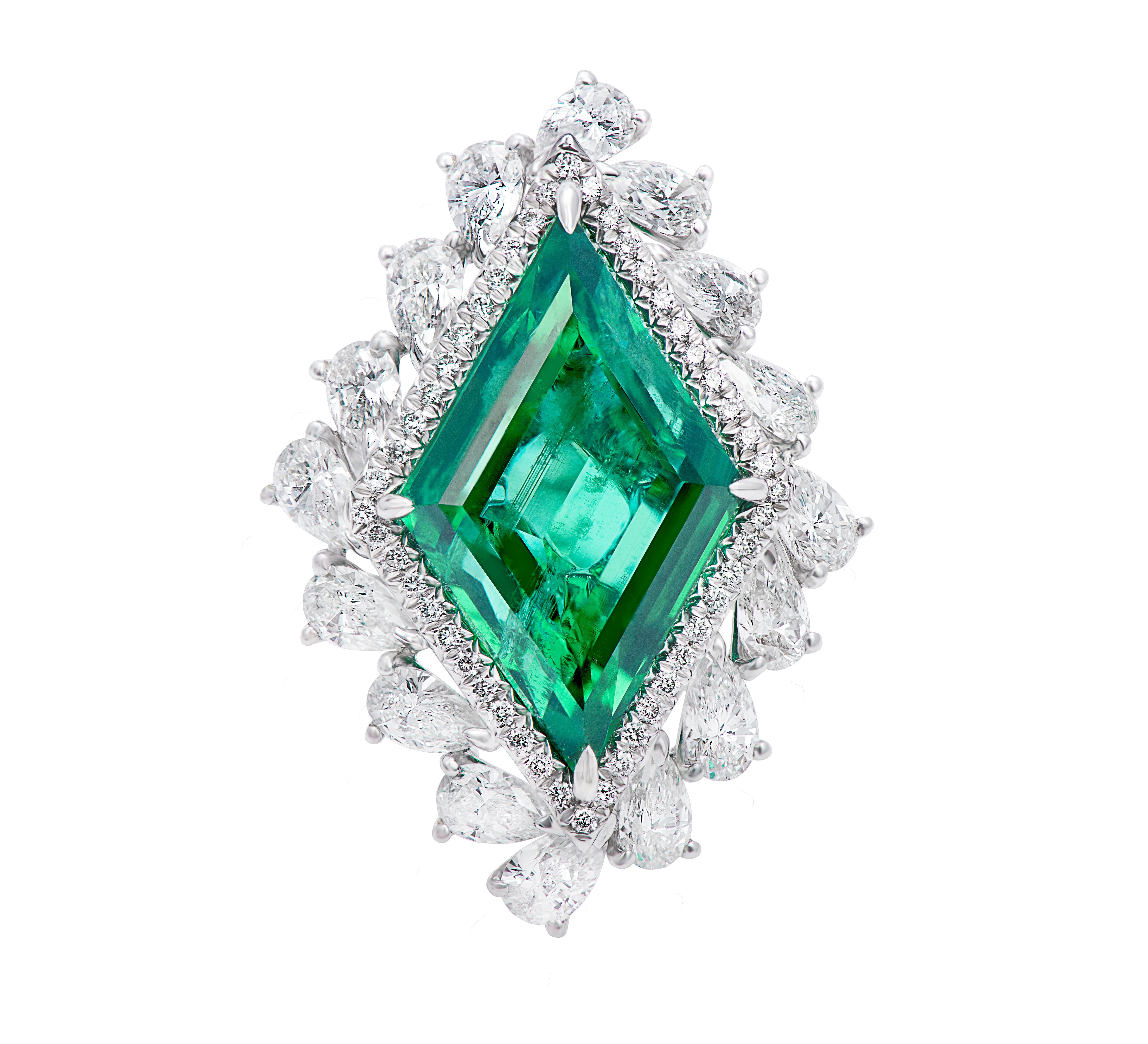 Contemporary GIA Certified Emerald and Diamond Cluster Ring For Sale