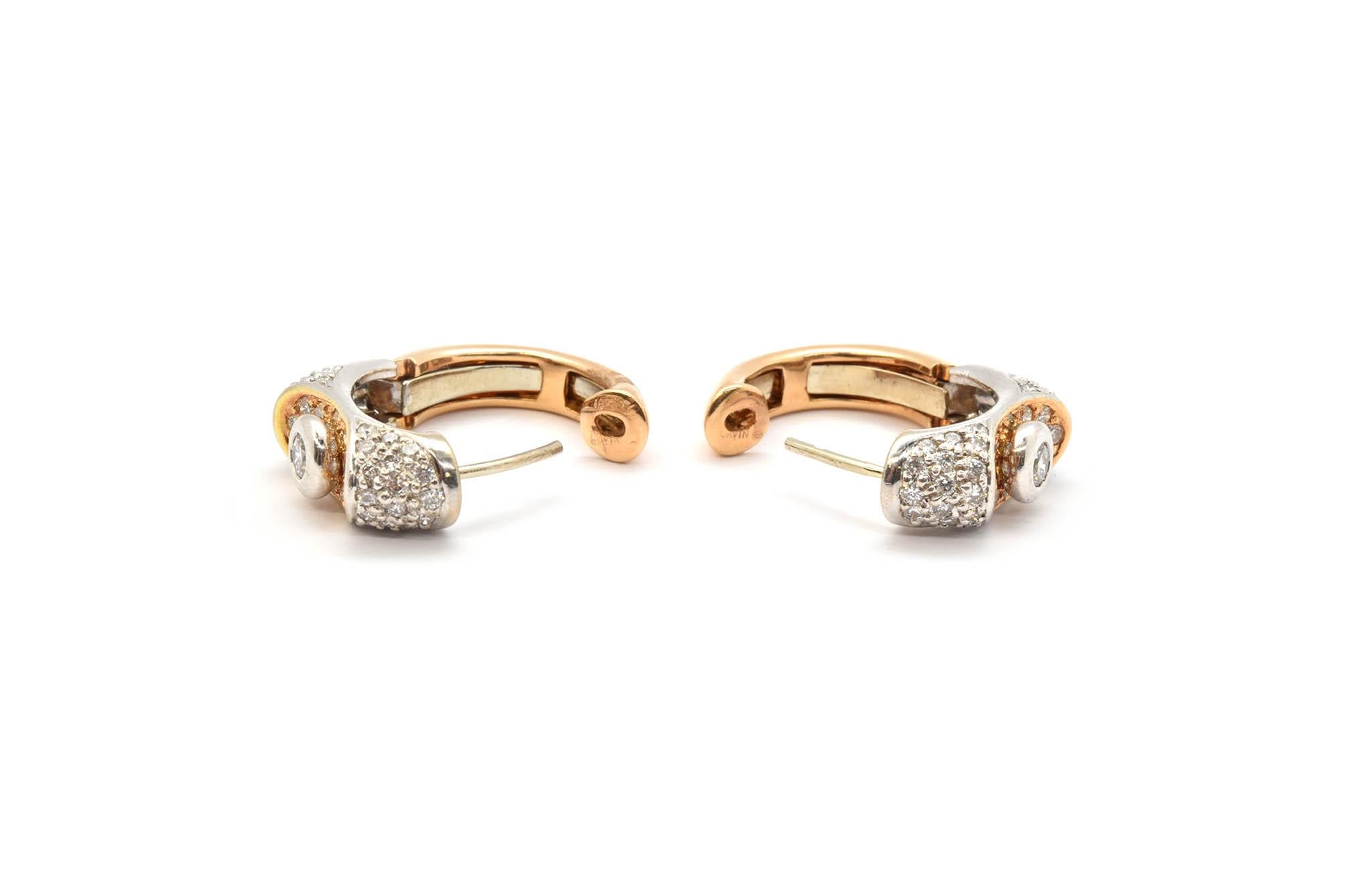 Lavin 18 Karat White and Rose Gold Diamond Huggie Earrings 1.20 Carat In New Condition In Scottsdale, AZ