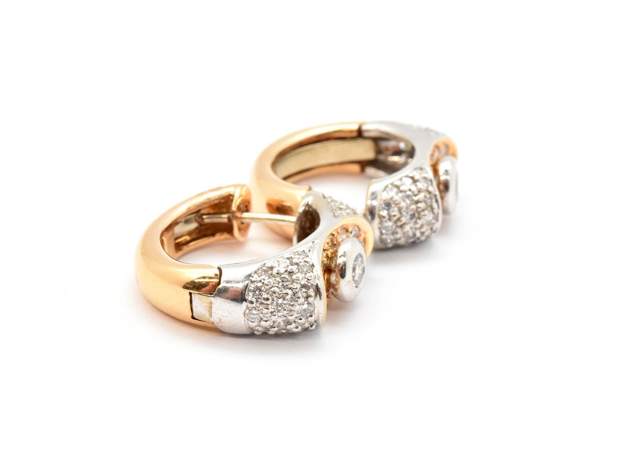 Round Cut Lavin 18 Karat White and Rose Gold Diamond Huggie Earrings 1.20 Carat