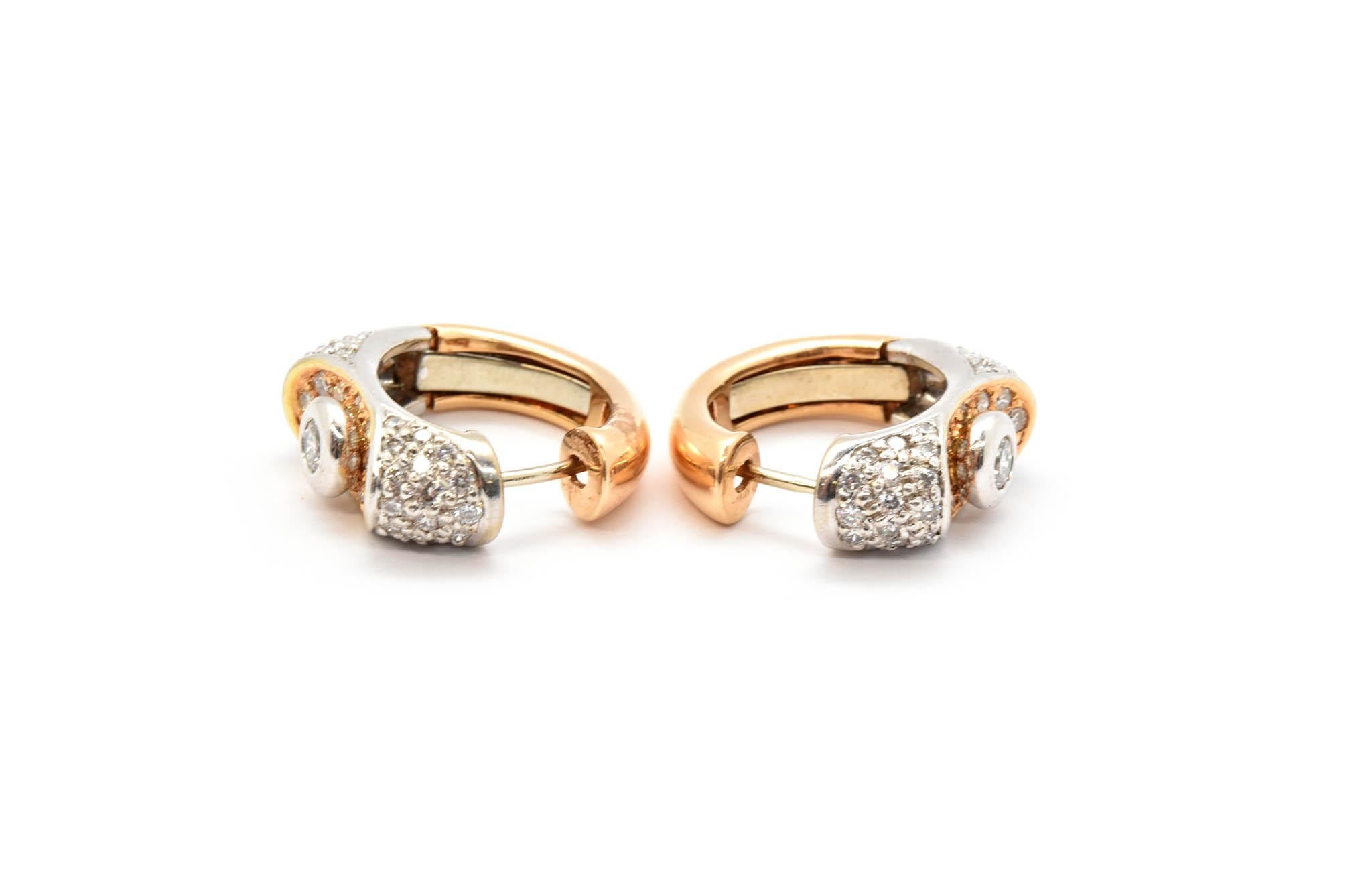 Lavin 18 Karat White and Rose Gold Diamond Huggie Earrings 1.20 Carat In Excellent Condition In Scottsdale, AZ