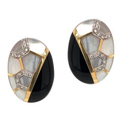 Signed Lavin Mother of Pearl, Onyx, and Diamond 14 Karat Earrings