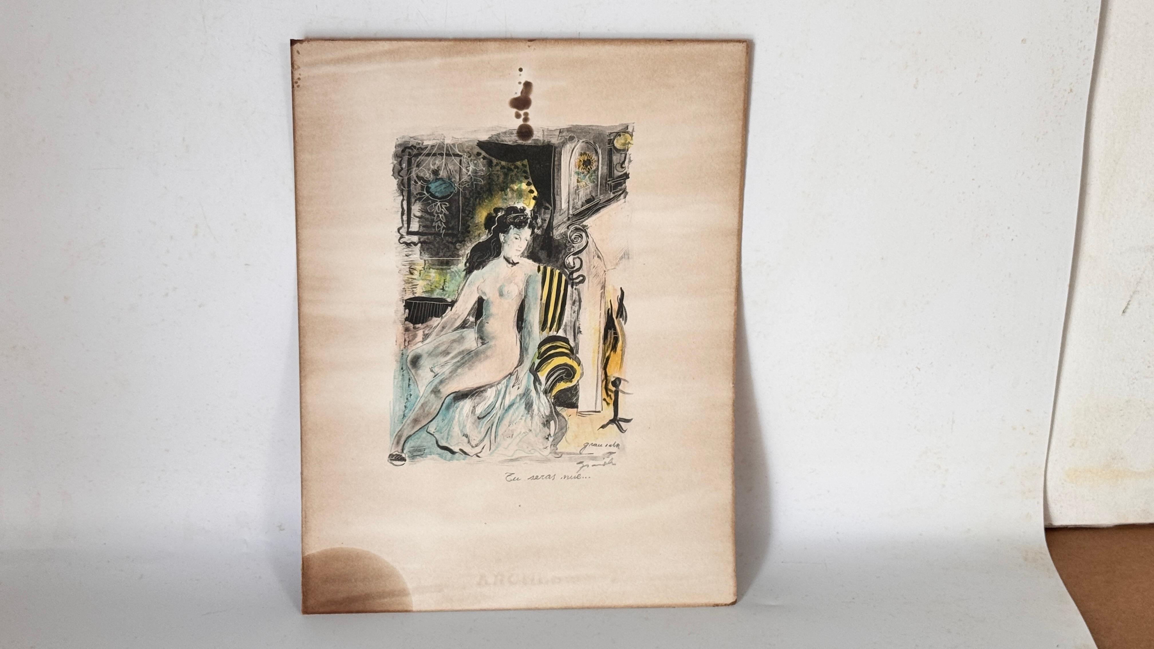 Mid-Century Modern Lavis and Pencil Drawing by Emilio Grau Sala – Signed and Annotated – Circa 1950 For Sale