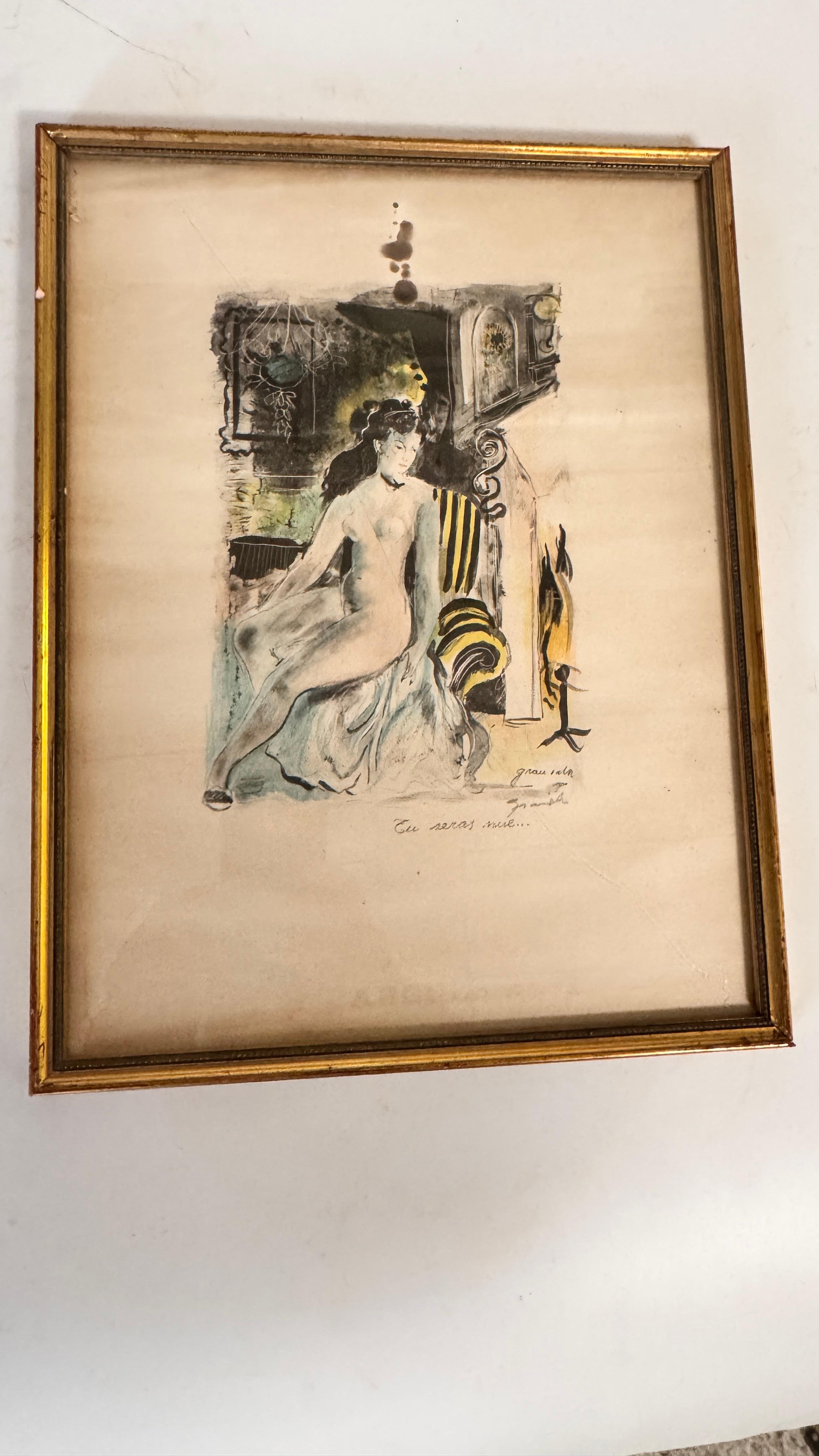 French Lavis and Pencil Drawing by Emilio Grau Sala – Signed and Annotated – Circa 1950