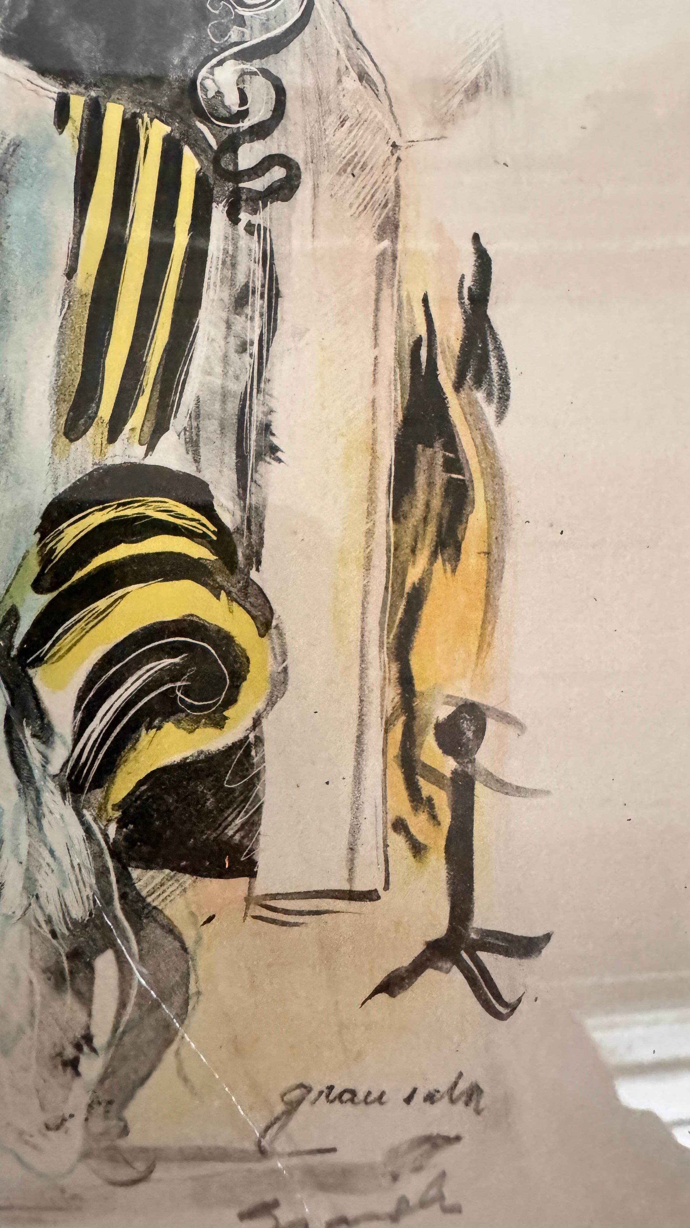 Paint Lavis and Pencil Drawing by Emilio Grau Sala – Signed and Annotated – Circa 1950