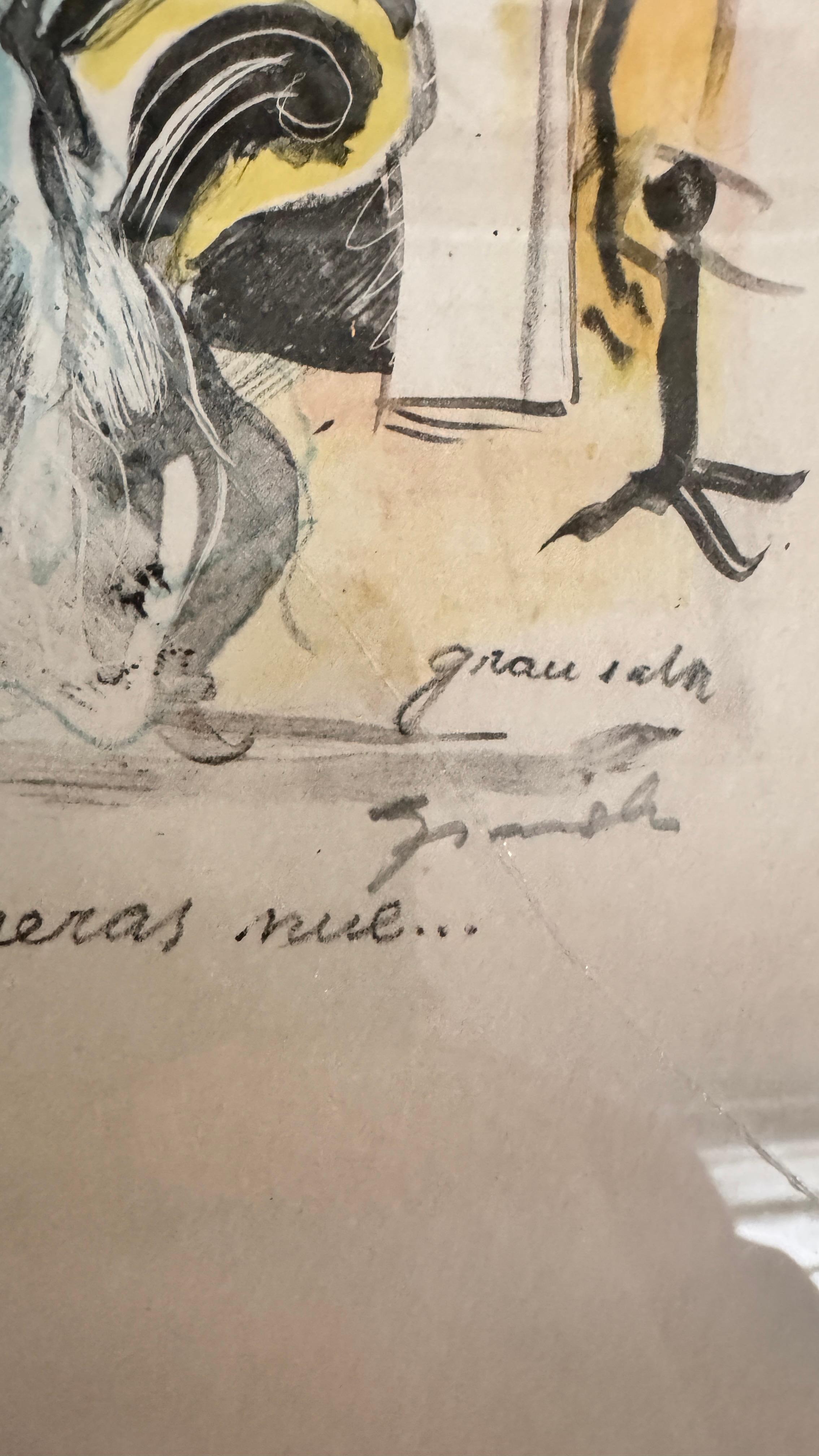 Lavis and Pencil Drawing by Emilio Grau Sala – Signed and Annotated – Circa 1950 1