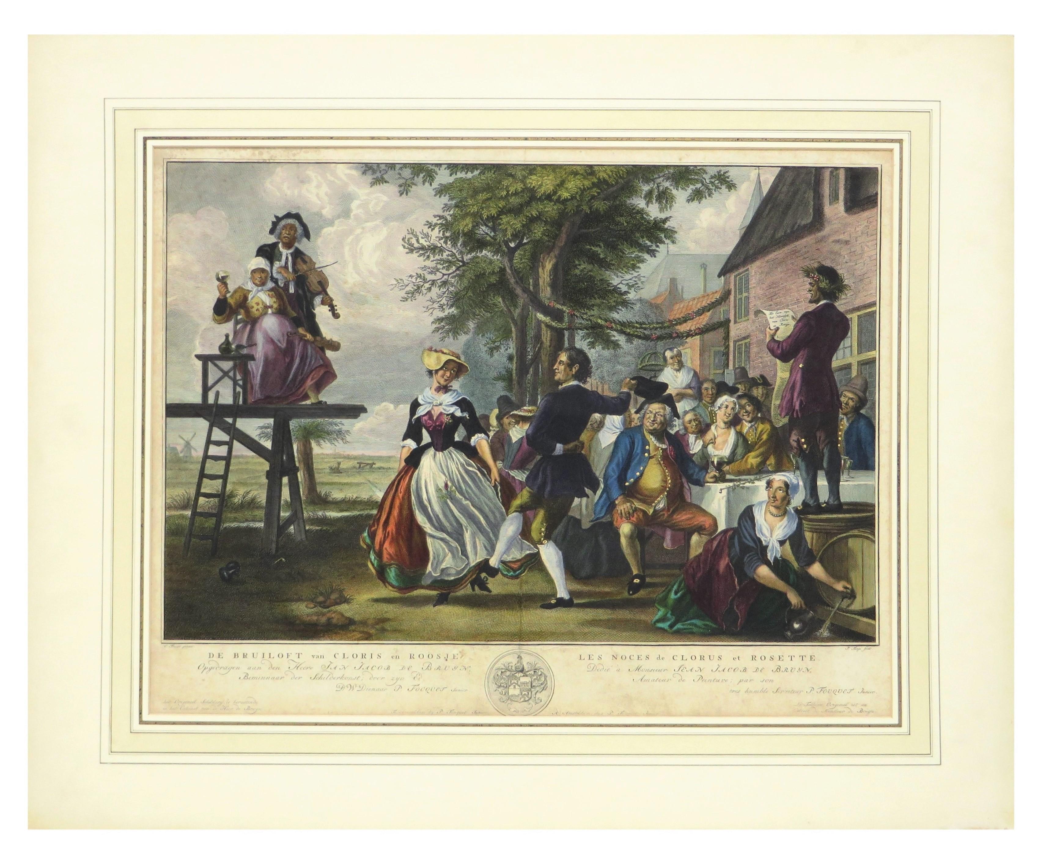 lavishly colored and gold-heightened prints about Dutch 18th-century life In Good Condition For Sale In ZWIJNDRECHT, NL