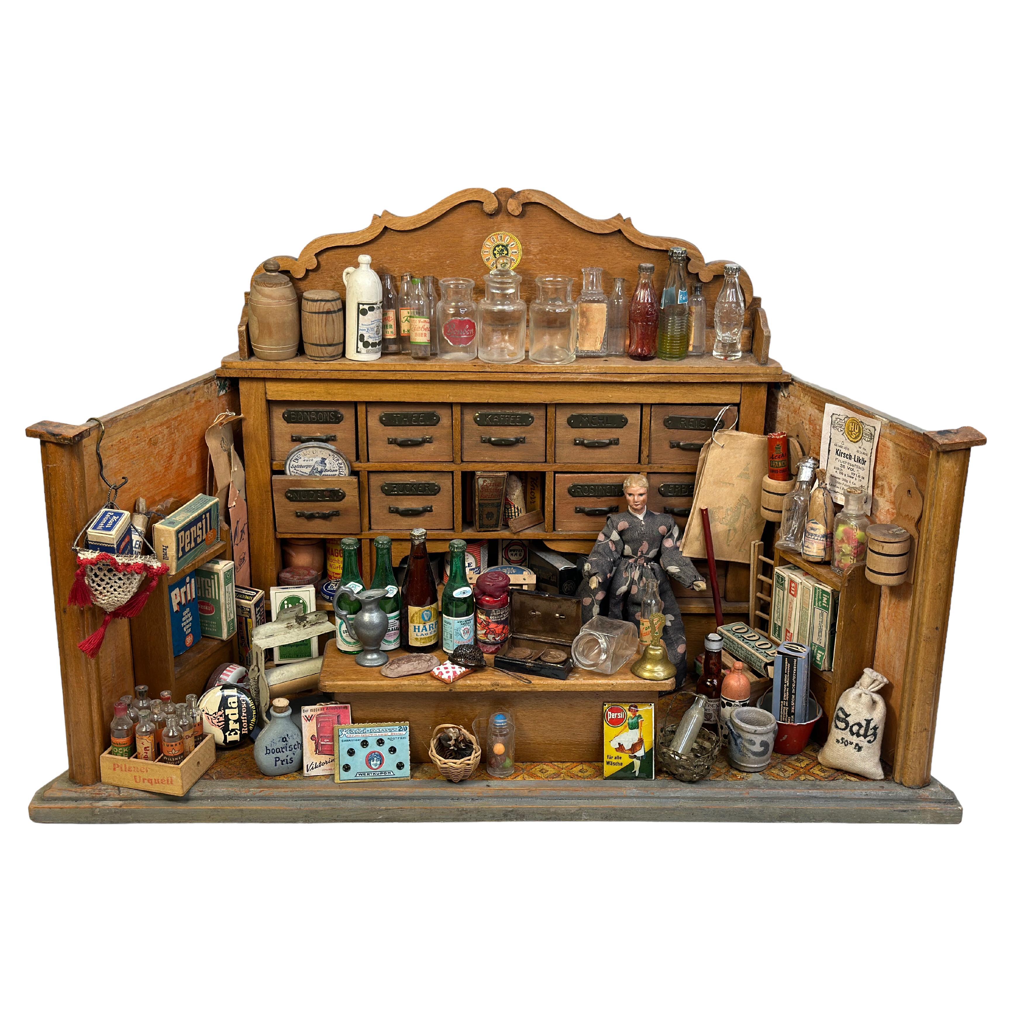 Lavishly-Filled German Wooden Grocery Dollhouse Store Toy 1900s