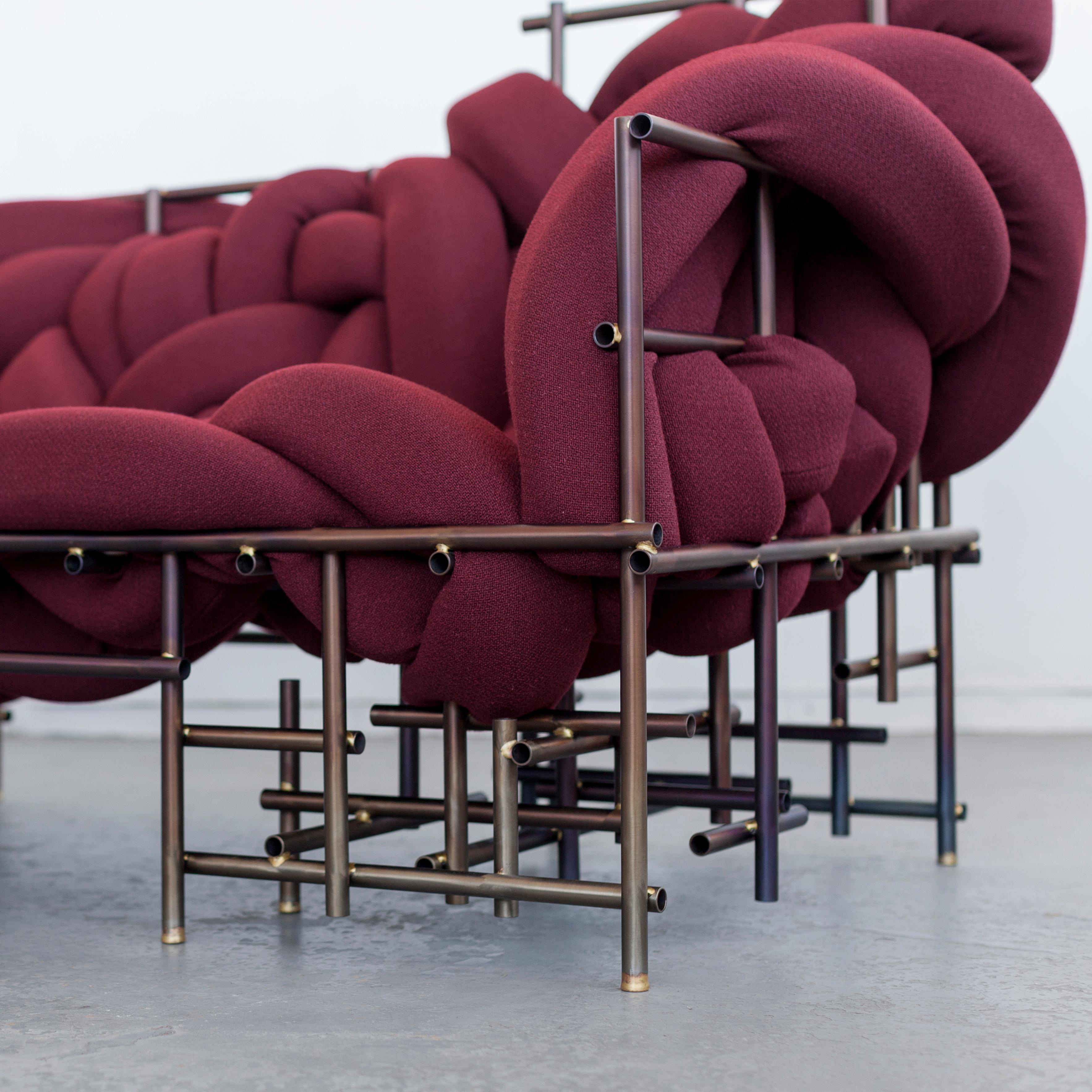 Lawless sofa
Each is a unique hand-sculpted creation by Evan Fay
Dimensions:
W 1676, D 863, H 1016 mm
W 66”, D 34”, H 40” inches (can be made to order in other dimensions)
Materials: Steel, brass, foam, Knoll stretch appeal upholstery