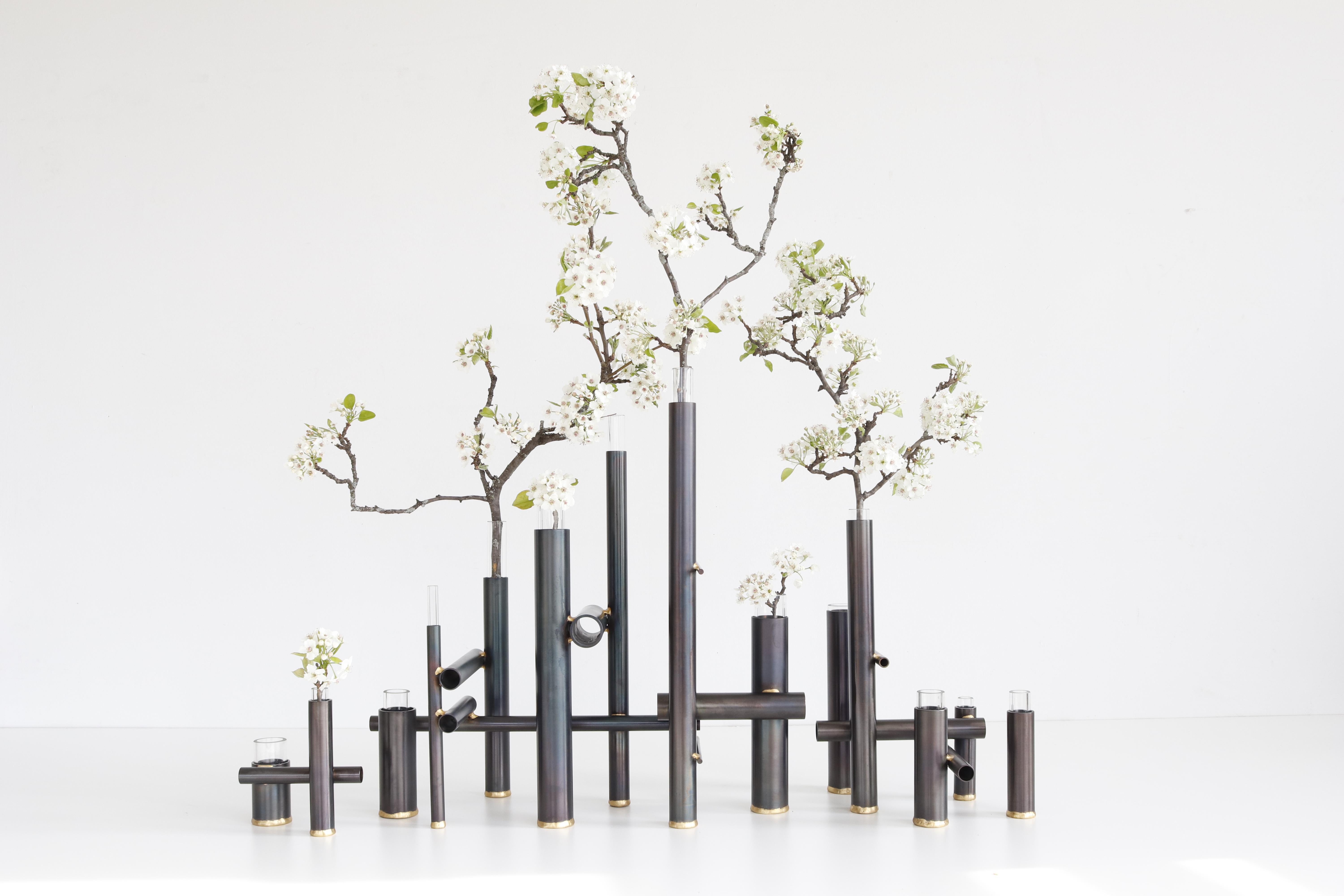 Lawless Vase by Evan Fay
Dimensions: 92 W 23 D x 54 H cm
Materials: Steel, Brass, Glass

Lawless Vase is composed of 5 separate vases each having a different number of “glass sleeves” for
a total of 15 vertical openings.
Each of the 5