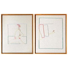Lawn Tennis Diptych Hand Stitched Canvas, Framed on Cherrywood