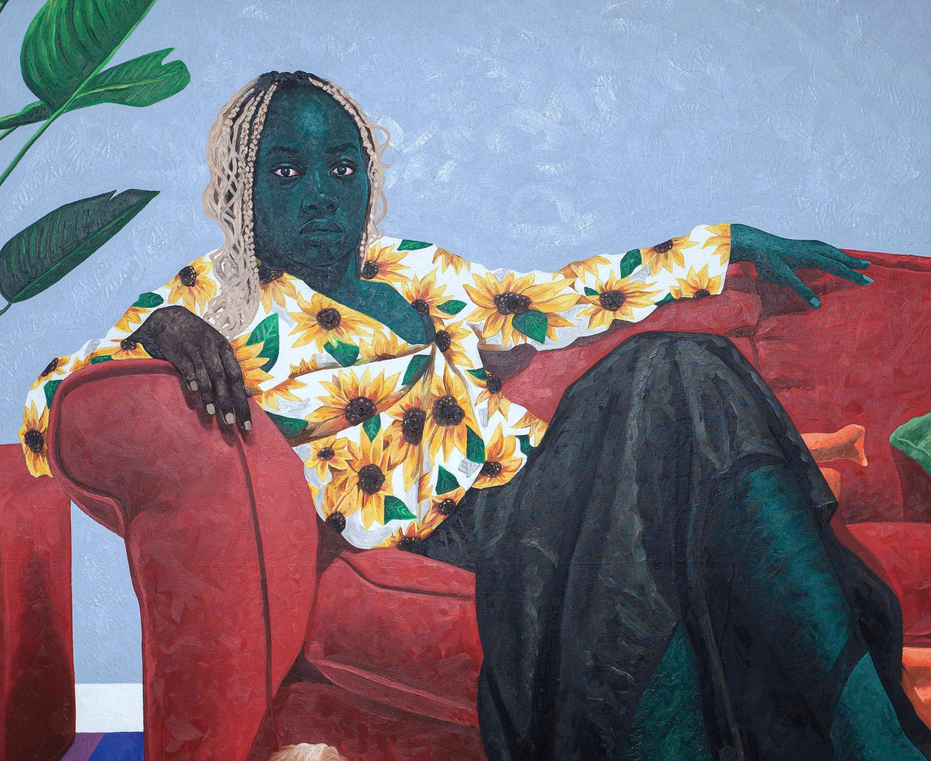 Un Lugar Para Descansar - Siglo XXI, Contemporáneo, Figurativo, Mujer, Perro, Arte Moderno - Painting de Lawrence Amoo