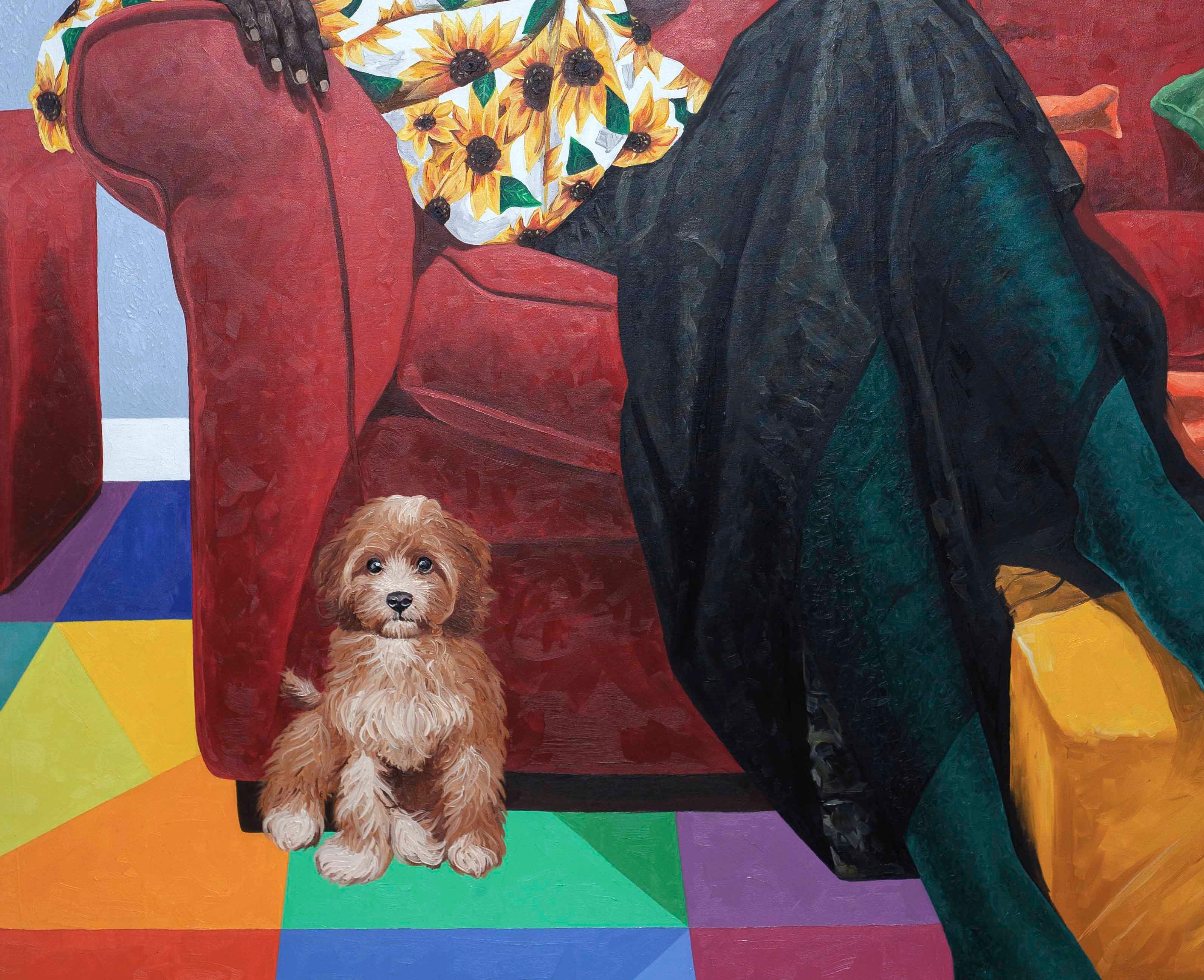 Un Lugar Para Descansar - Siglo XXI, Contemporáneo, Figurativo, Mujer, Perro, Arte Moderno - Figurative Painting Marrón de Lawrence Amoo