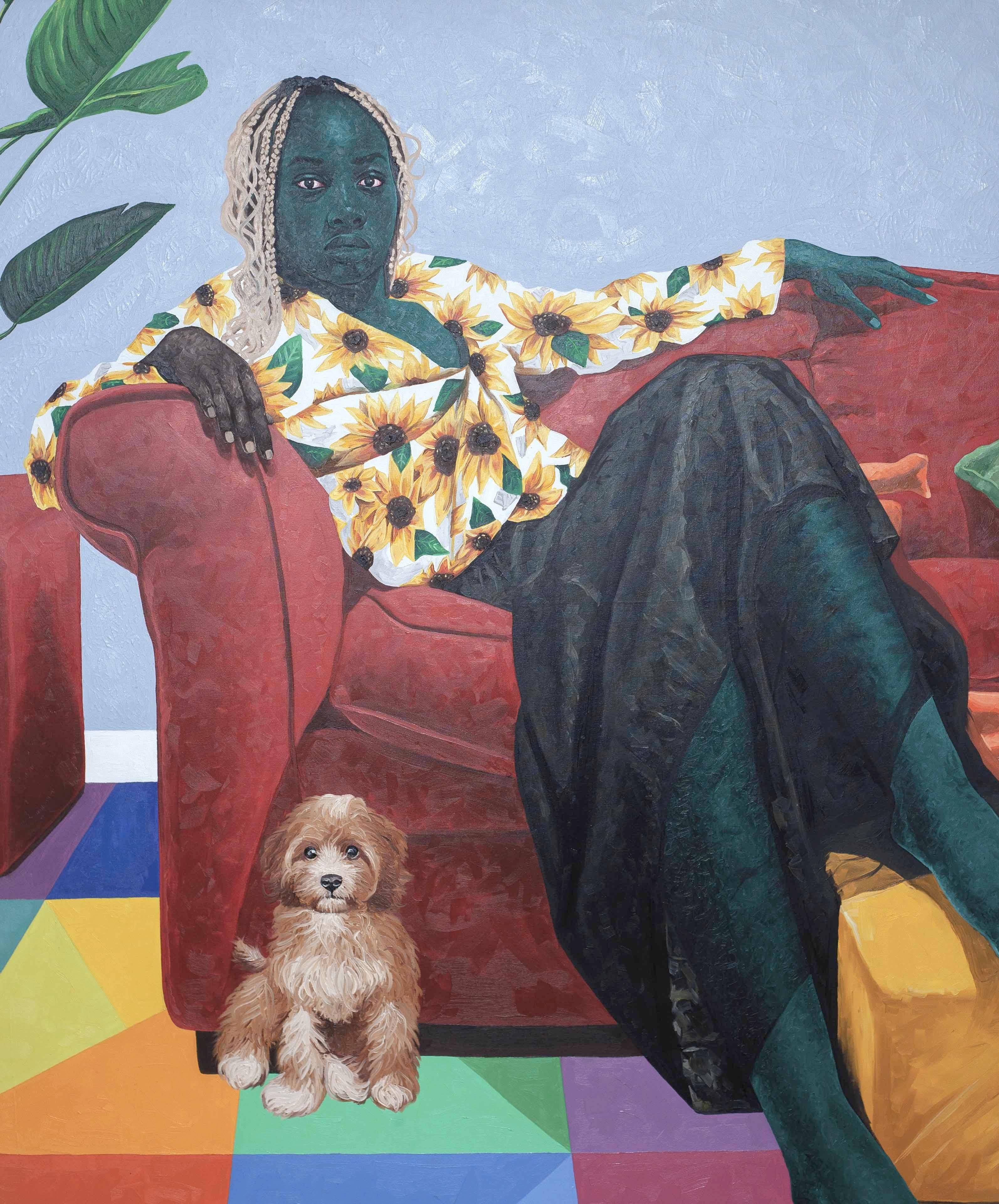 Un posto per riposare - 21° secolo, Contemporaneo, Figurativo, Donne, Cane, Arte moderna