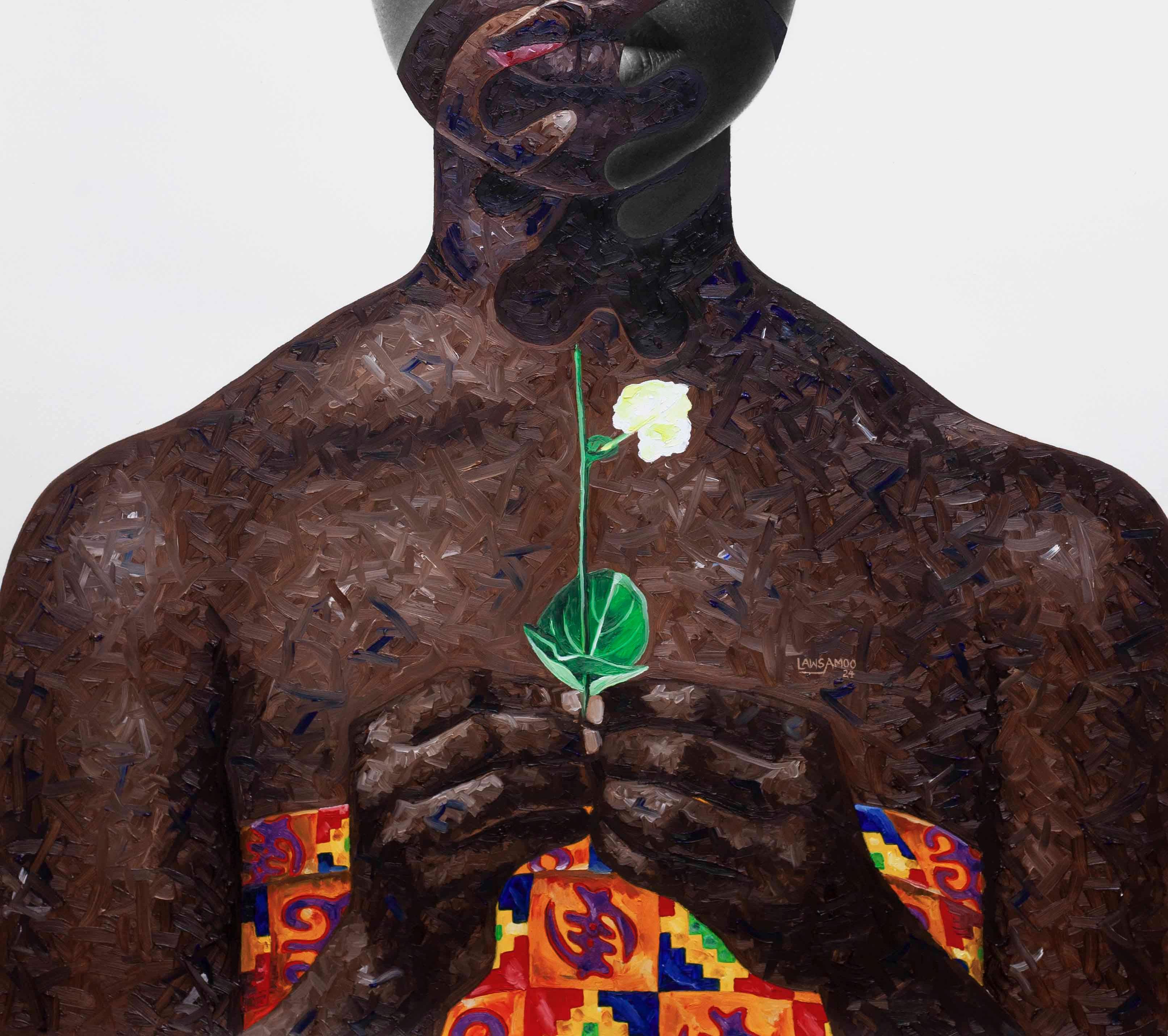 Gye Nyame I -Siglo XXI, Contemporáneo, Retrato figurativo, Mujer, Técnica mixta - Figurative Painting Gris de Lawrence Amoo