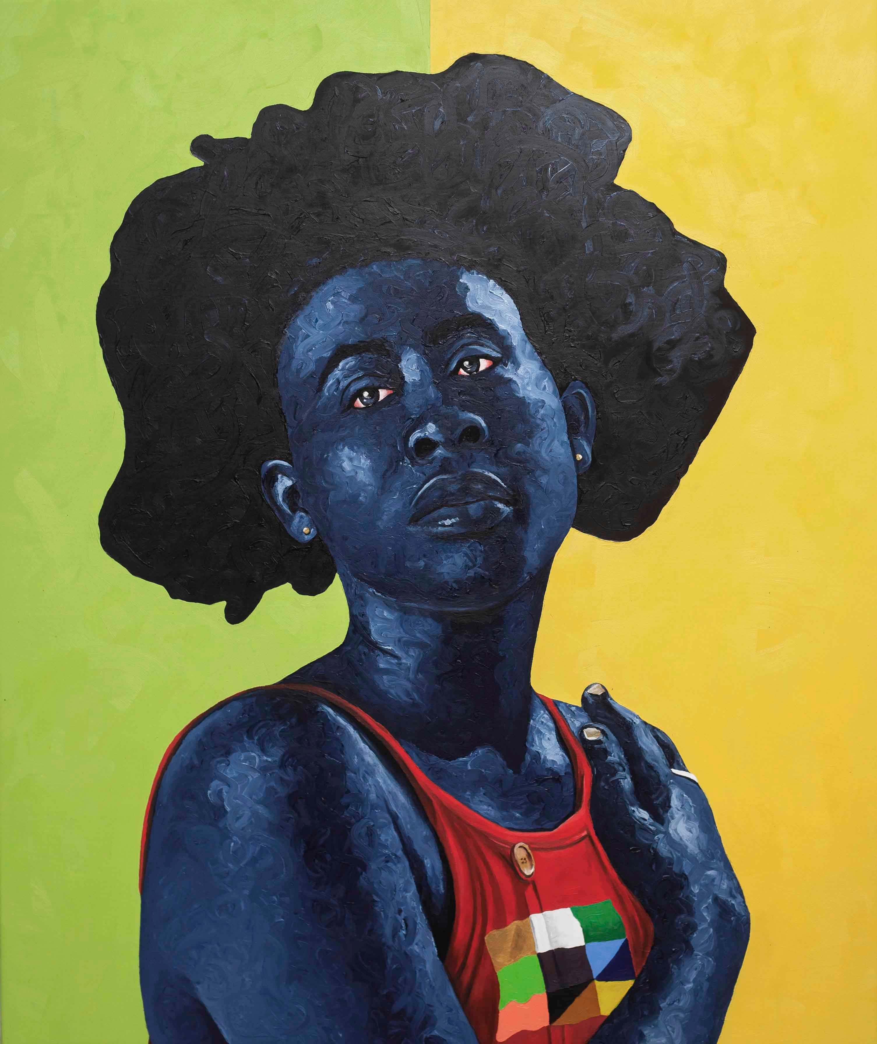 Figurative Painting de Lawrence Amoo - Belleza Fuerte -Siglo XXI, Contemporáneo, Figurativo, África Mujer Pelo, Moderno