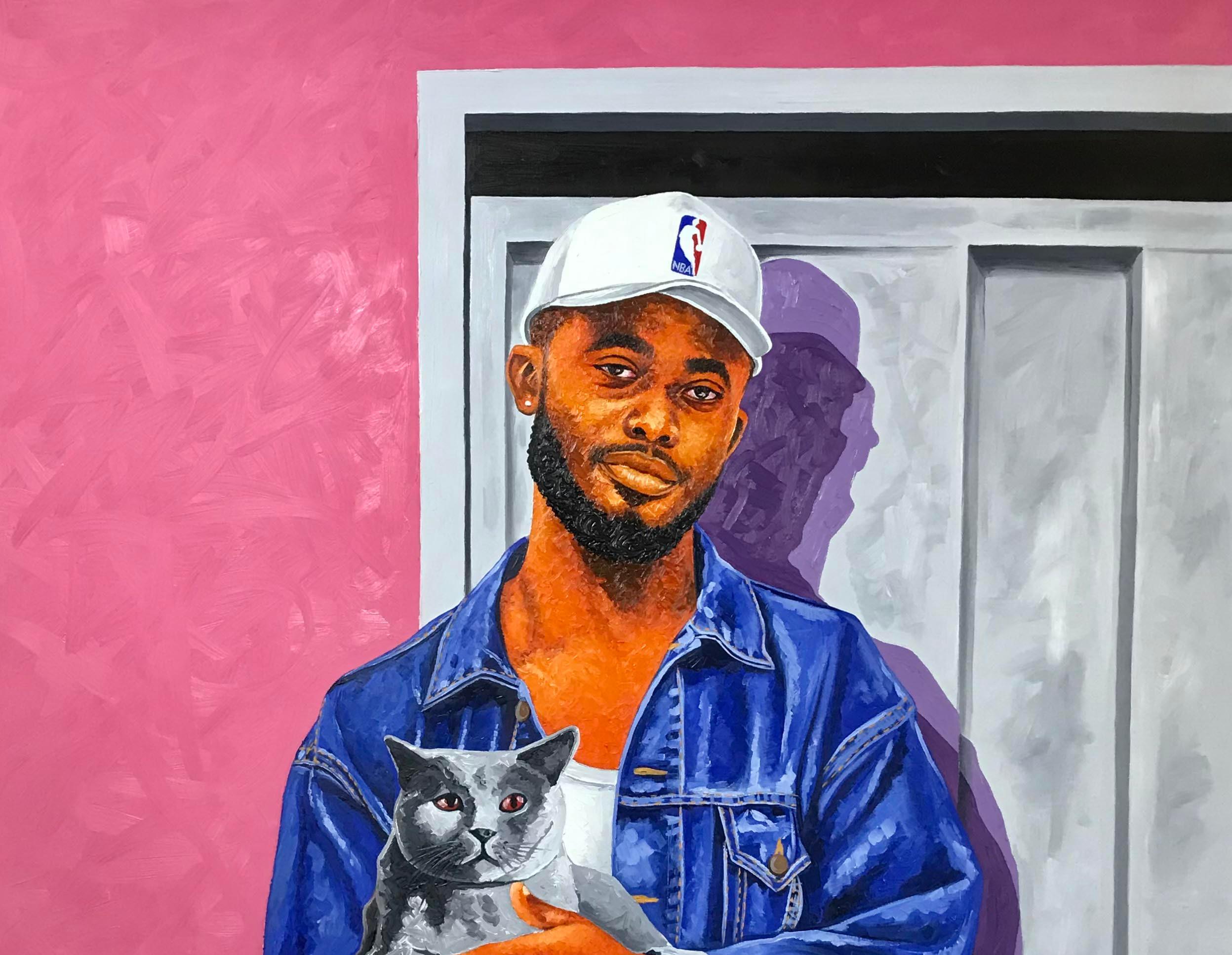 Tapiz de Amor - Siglo XXI, Contemporáneo, Figurativo, Hombre, Moderno, Gato - Painting de Lawrence Amoo
