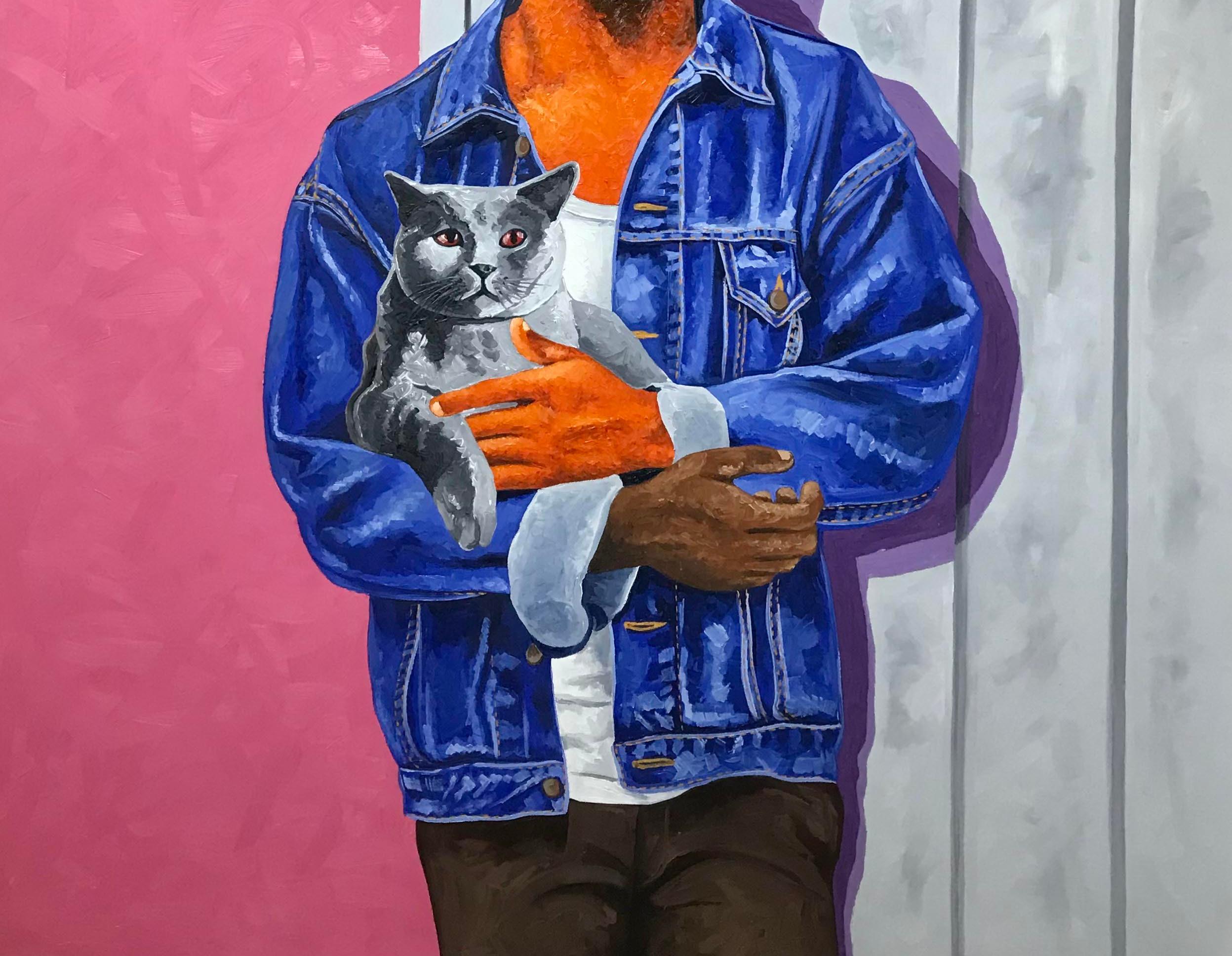 Tapiz de Amor - Siglo XXI, Contemporáneo, Figurativo, Hombre, Moderno, Gato - Painting Surrealista de Lawrence Amoo