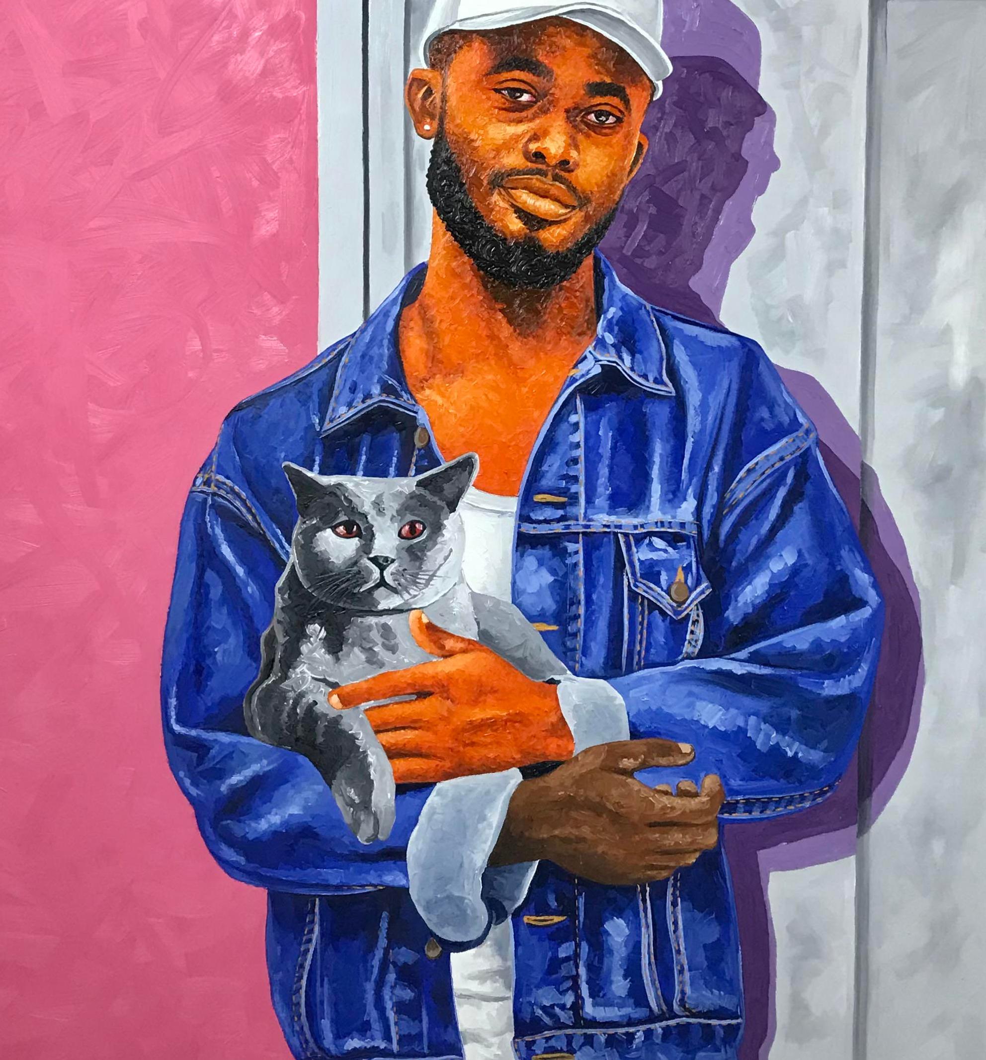 Tapiz de Amor - Siglo XXI, Contemporáneo, Figurativo, Hombre, Moderno, Gato - Figurative Painting Rosa de Lawrence Amoo