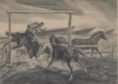 "Horse Wrangler, " Original Black & White Lithograph by Lawrence Barrett
