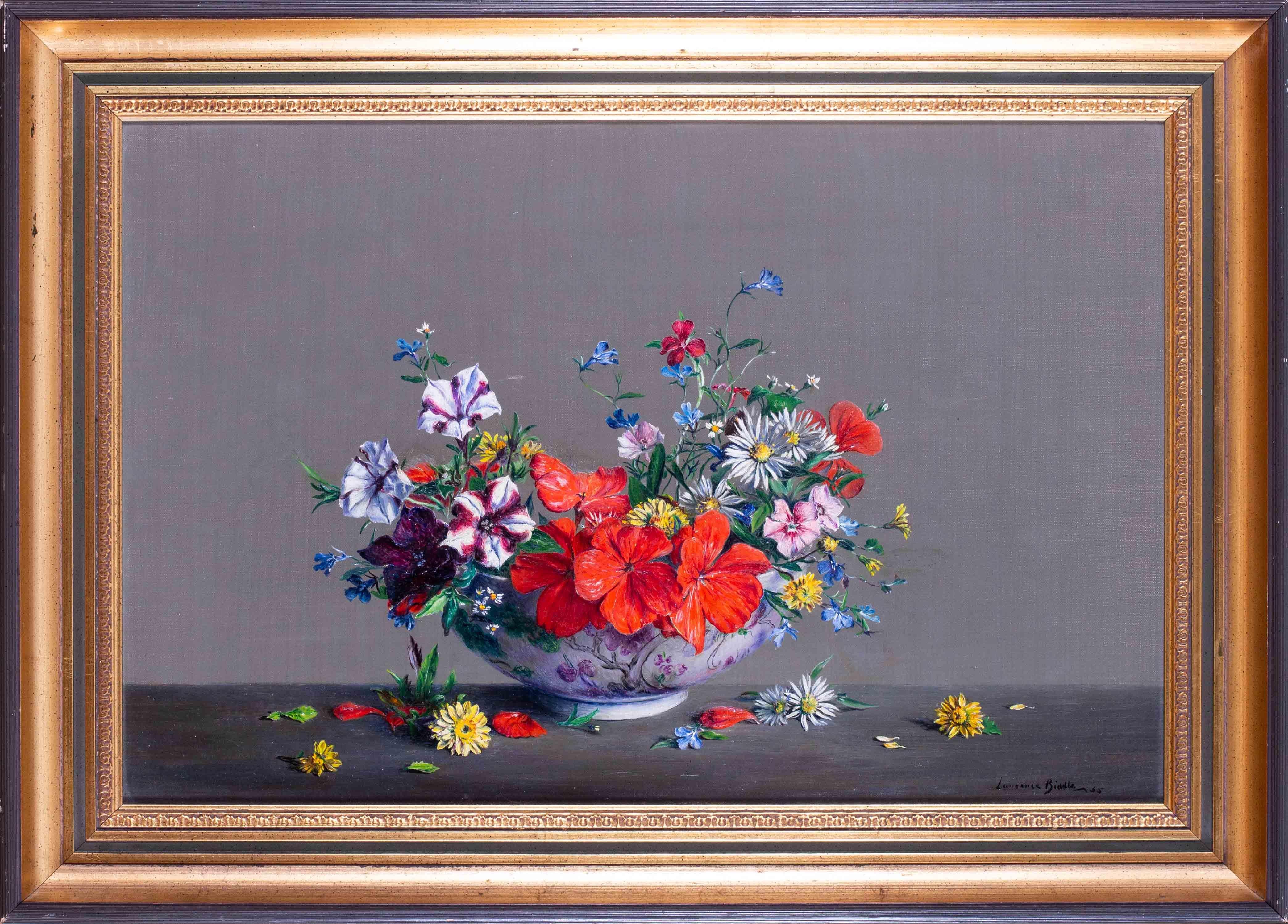 An esquisitively detailed and beautifully portrayed vase of flowers that include Petunias, Geraniums, Michaelmas Daisies and other summer blooms by early 20th Century British artist Lawrence Biddle. Laurence Biddle was an artist who specialised in