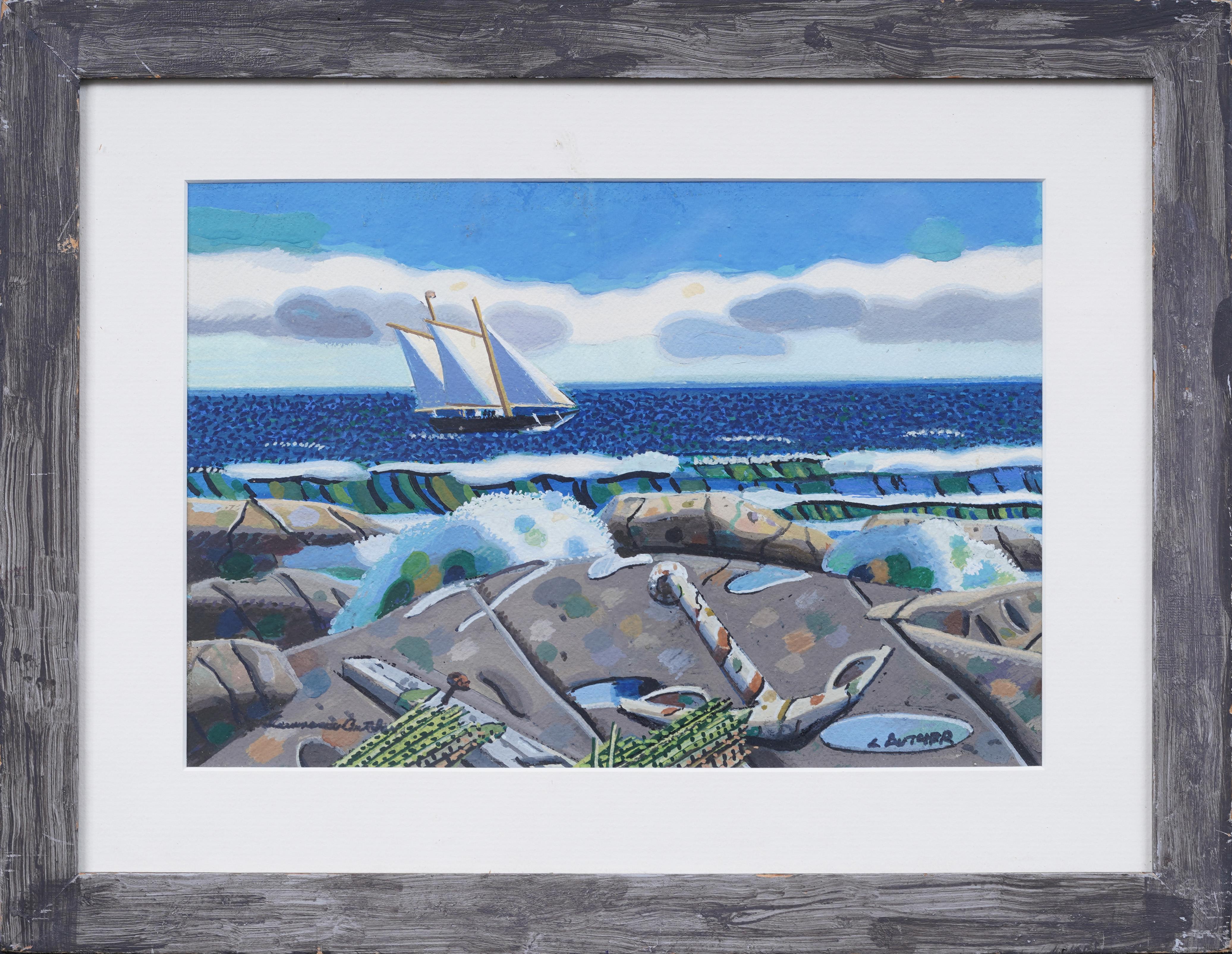Antikes gerahmtes Meereslandschaftsgemälde der amerikanischen Moderne „Sailing off Long Island“ – Painting von Lawrence Butcher, Jr. 