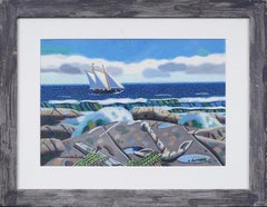 Antique American Modernist "Sailing off Long Island" Framed Seascape Painting