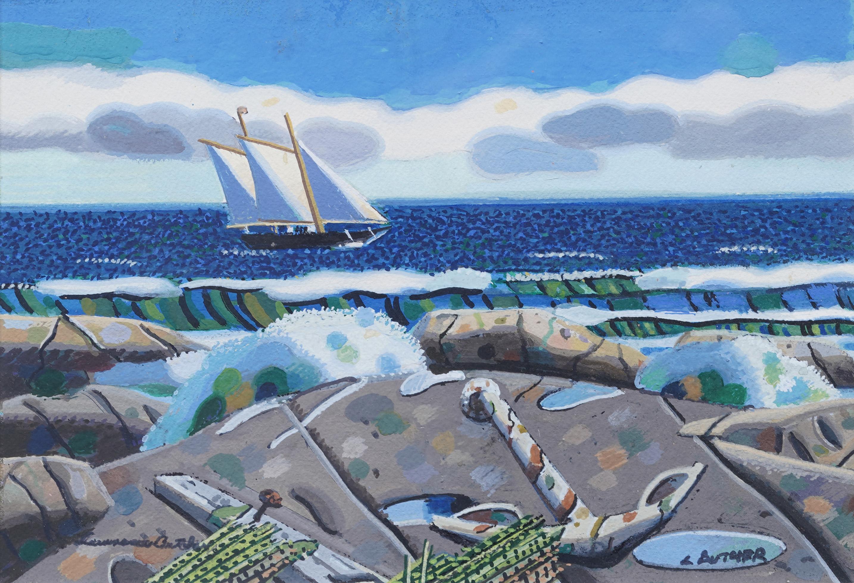 Antikes gerahmtes Meereslandschaftsgemälde der amerikanischen Moderne „Sailing off Long Island“ (Grau), Landscape Painting, von Lawrence Butcher, Jr. 
