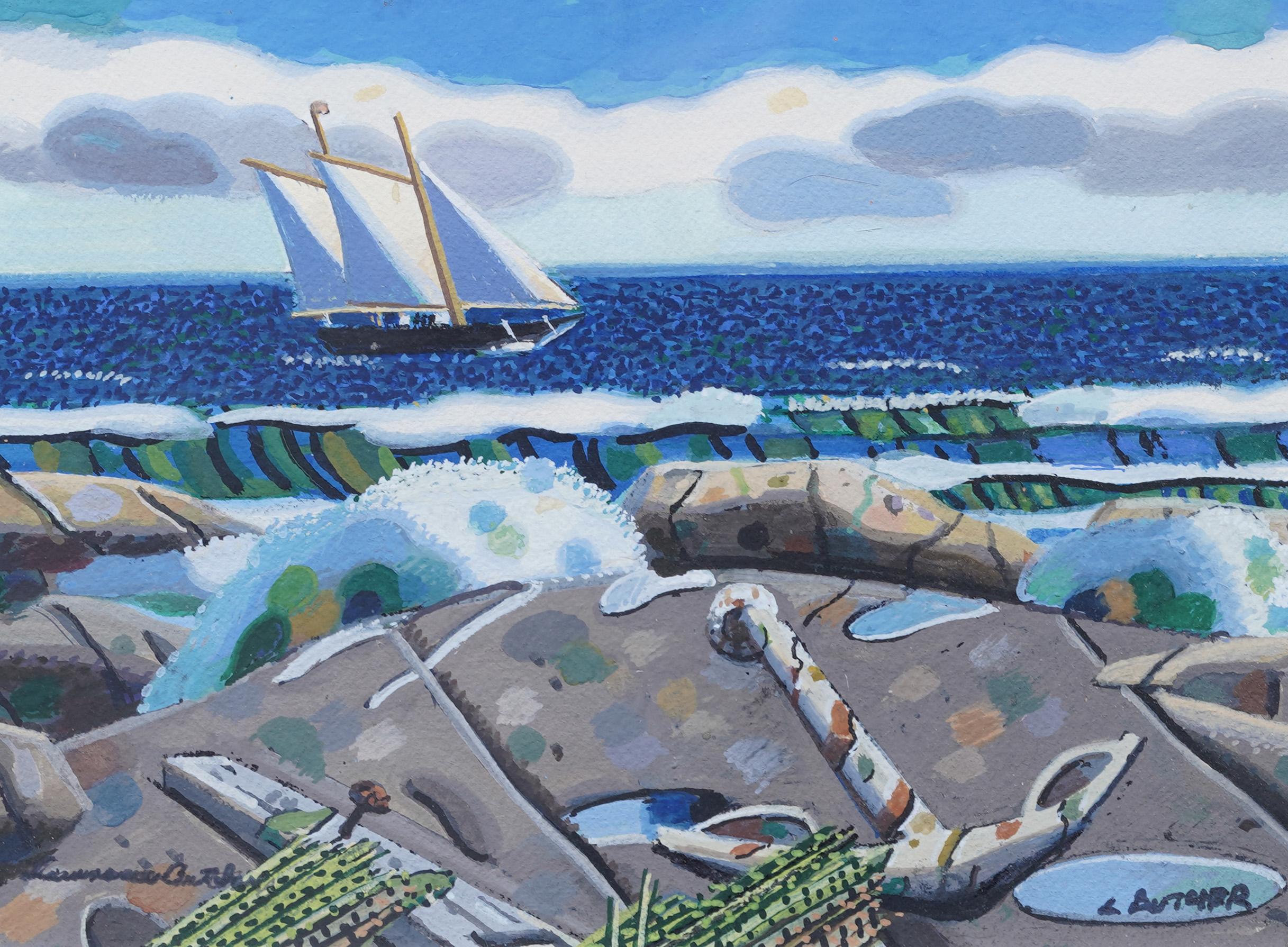 Antikes gerahmtes Meereslandschaftsgemälde der amerikanischen Moderne „Sailing off Long Island“ im Angebot 1