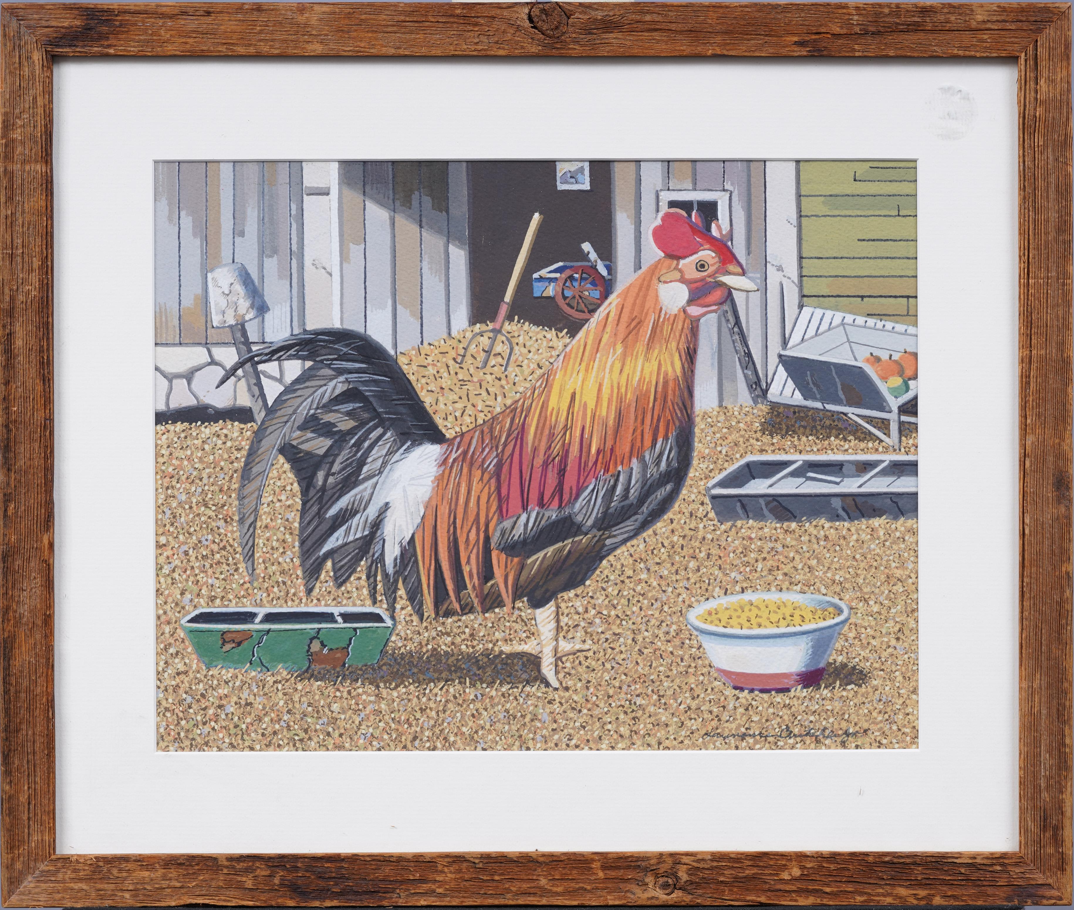 Antico quadro modernista americano del New England con scena di fattoria e ritratto di pollo - Painting di lawrence butcher jr