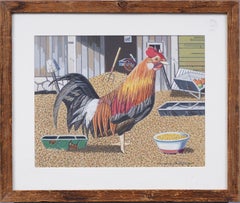 Antike amerikanische Modernist New England Farm Szene Huhn Porträt Gemälde