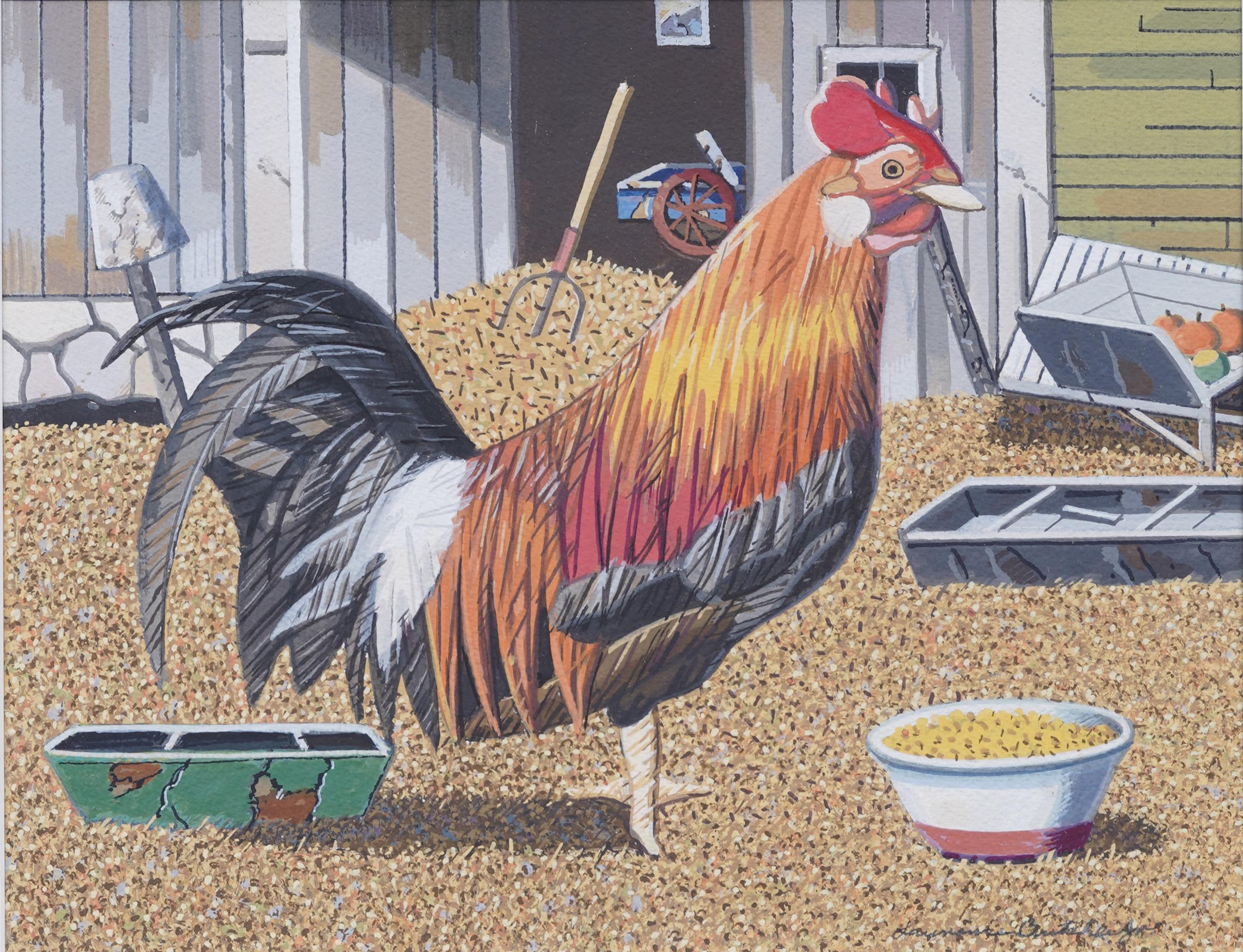 Antico quadro modernista americano del New England con scena di fattoria e ritratto di pollo - Painting Moderno di lawrence butcher jr