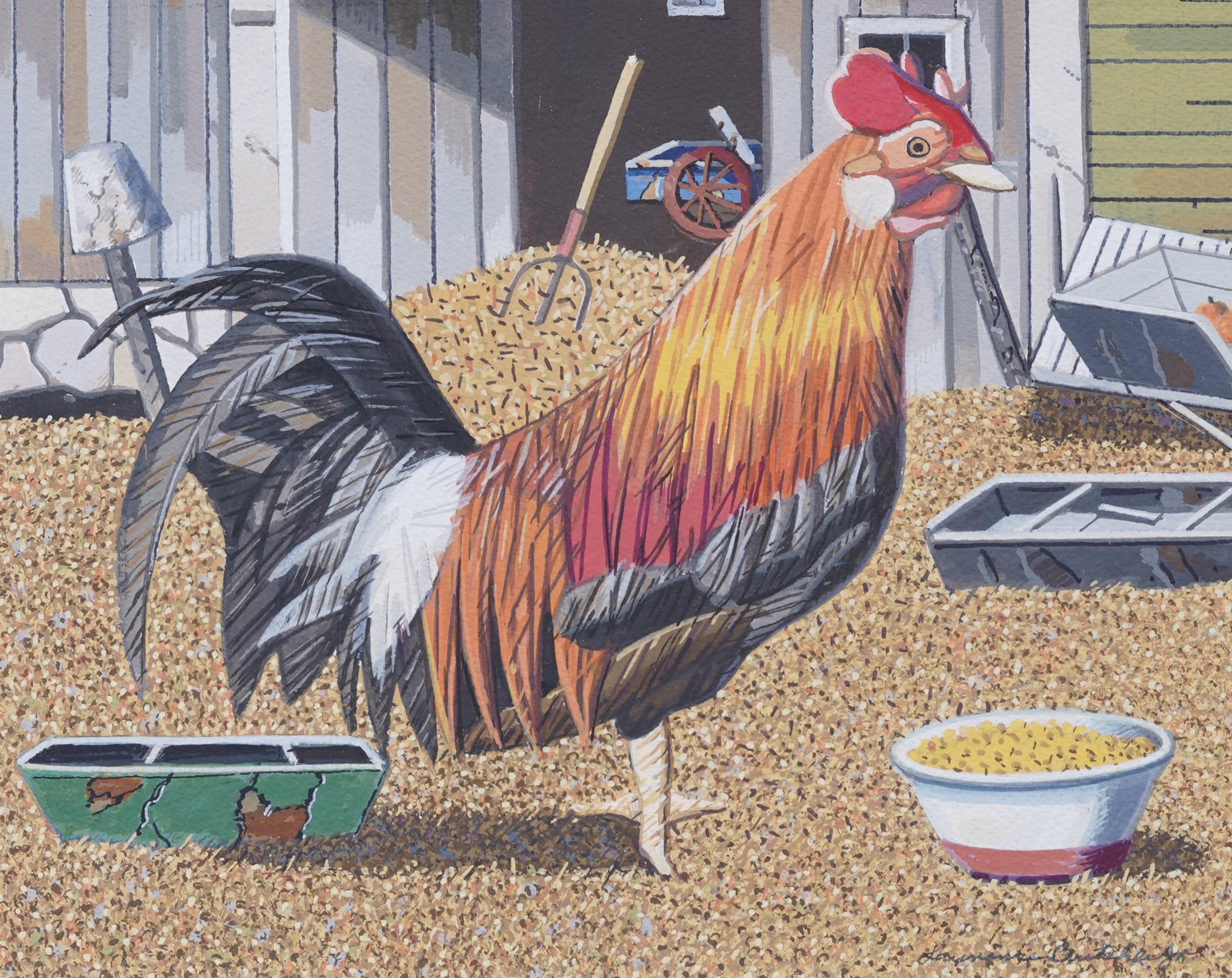 Antico quadro modernista americano del New England con scena di fattoria e ritratto di pollo - Animal Painting Grigio di lawrence butcher jr