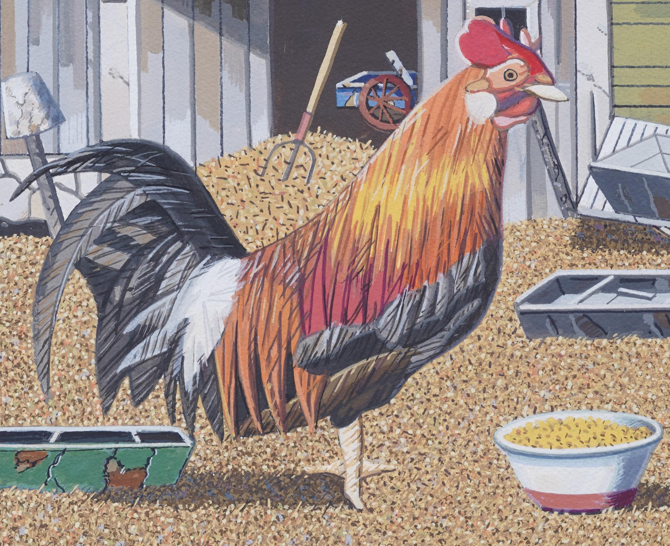 Impressionante paesaggio agricolo modernista dei primi anni dell'America con un pollo dipinto da Lawrence Butching, Jr. (Nato nel 1936). Acquerello e gouache su carta.  Incorniciato.  Firmato.  Dimensioni dell'immagine: 11 x 14 pollici.  
