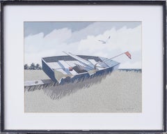 Antique American School Modernist Boat in a Marsh Beach Scene Signed Painting