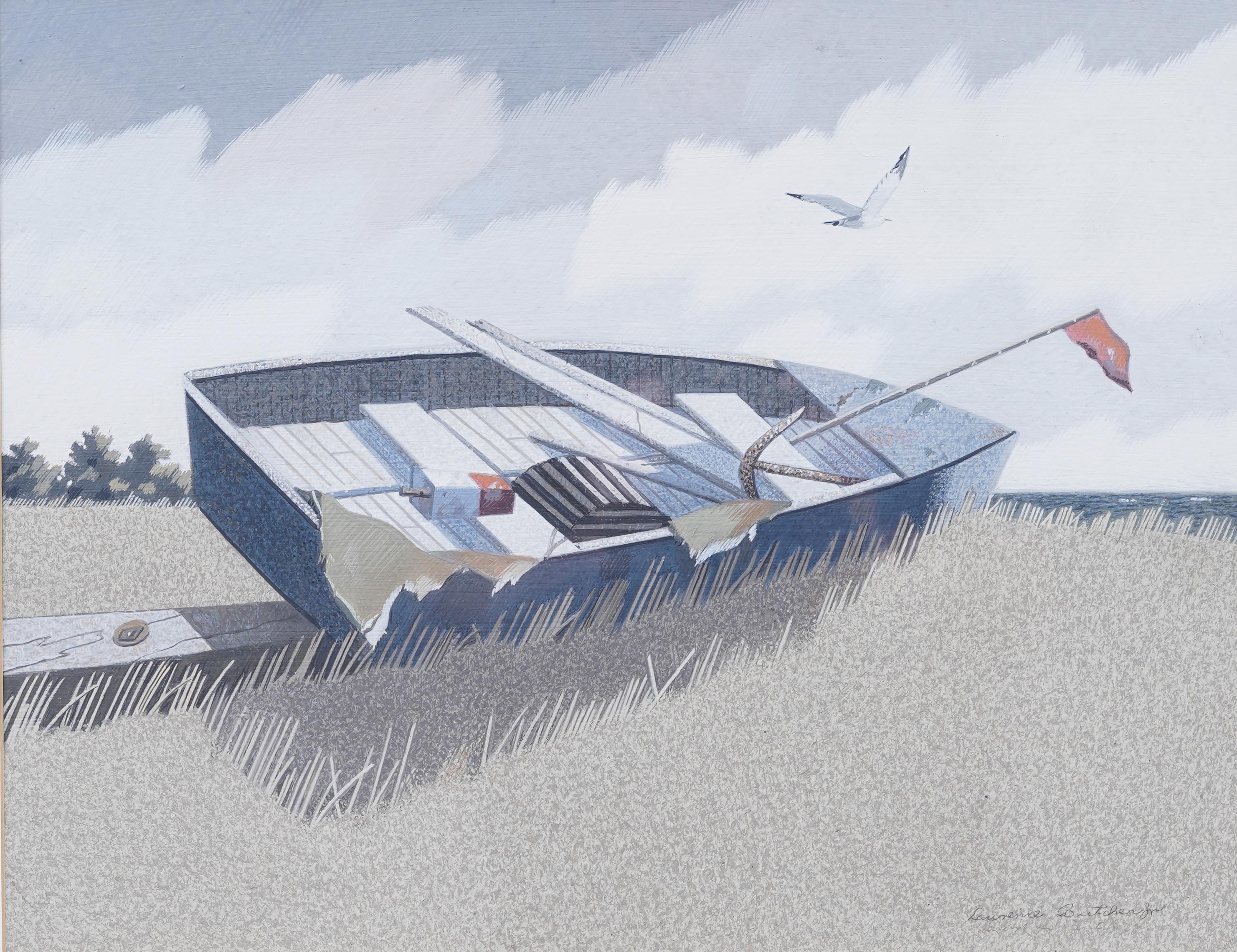 Antiguo Cuadro Modernista de Escuela Americana Barco en un Pantano Escena de Playa Firmado - Painting Moderno de lawrence butcher jr