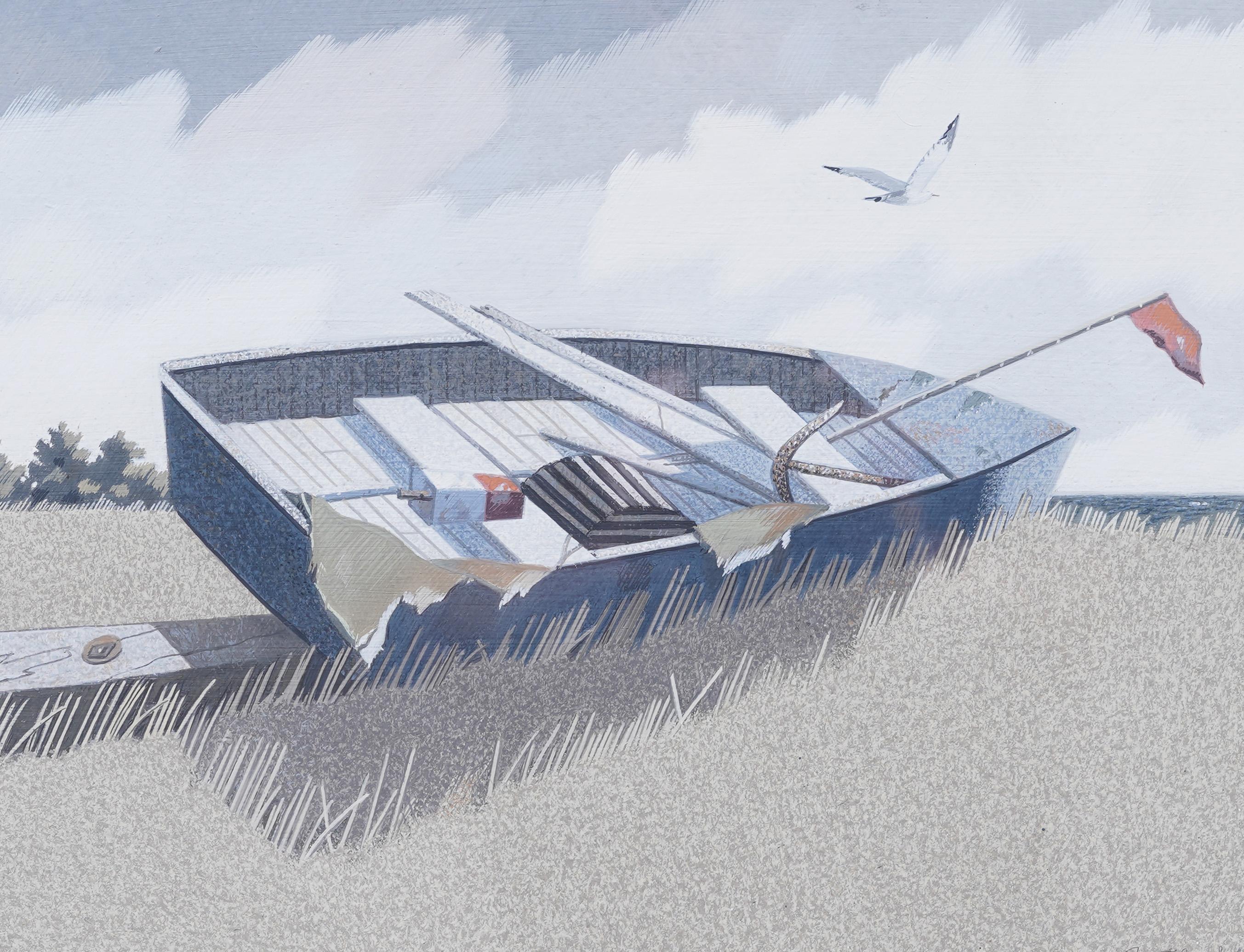 Antiguo Cuadro Modernista de Escuela Americana Barco en un Pantano Escena de Playa Firmado - Abstract Painting Gris de lawrence butcher jr