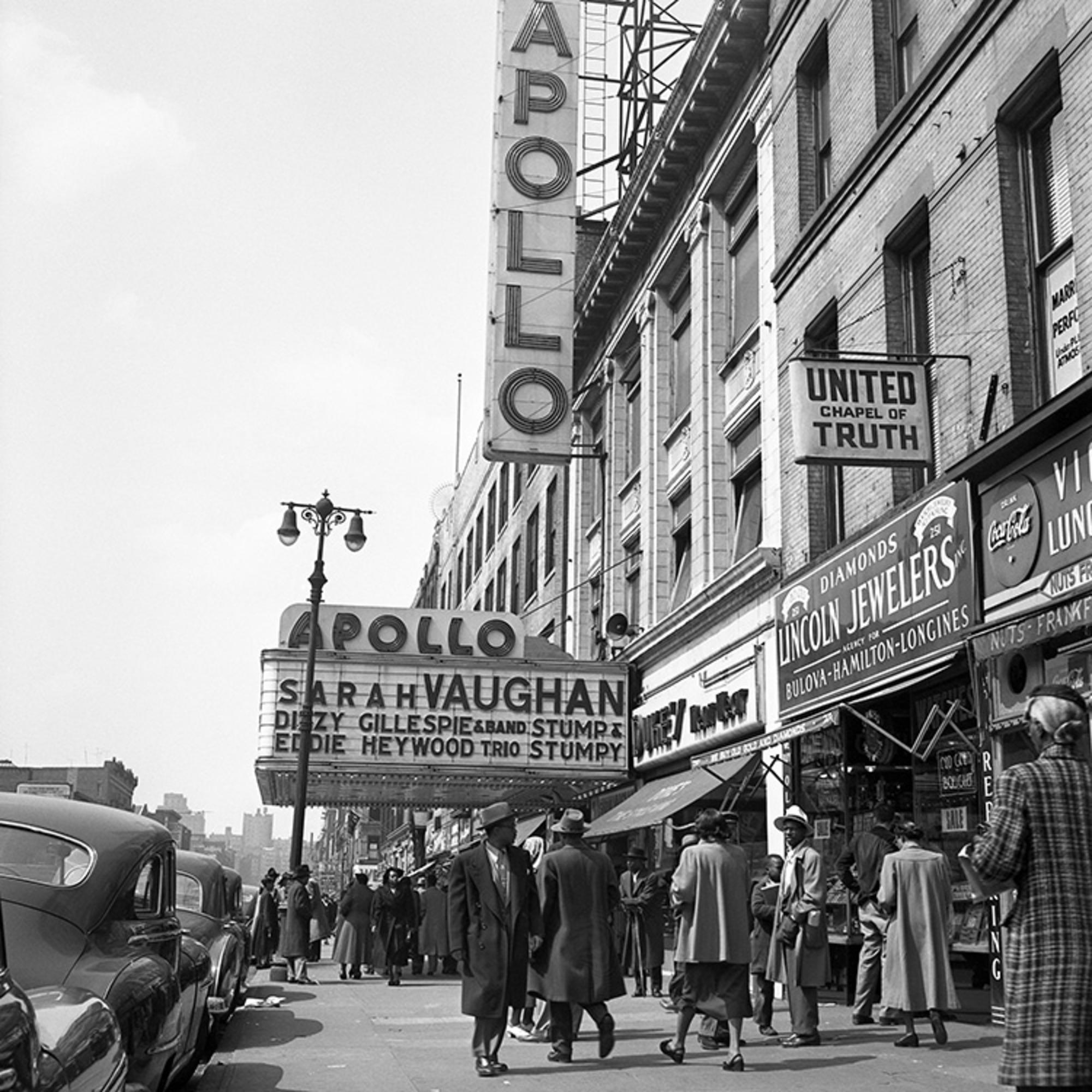 Gelatin-silver print

The Apollo Theatre on West 125th Street in Harlem New York, circa 1950s.

Available Sizes:
12" x 16” Edition of 25
16” x 20” Edition of 25
20" x 24” Edition of 25
30” x 40” Edition of 25
