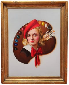 Mia moglie Myrtle su una tavolozza con pennelli, Art Deco, Rosscraft Cards