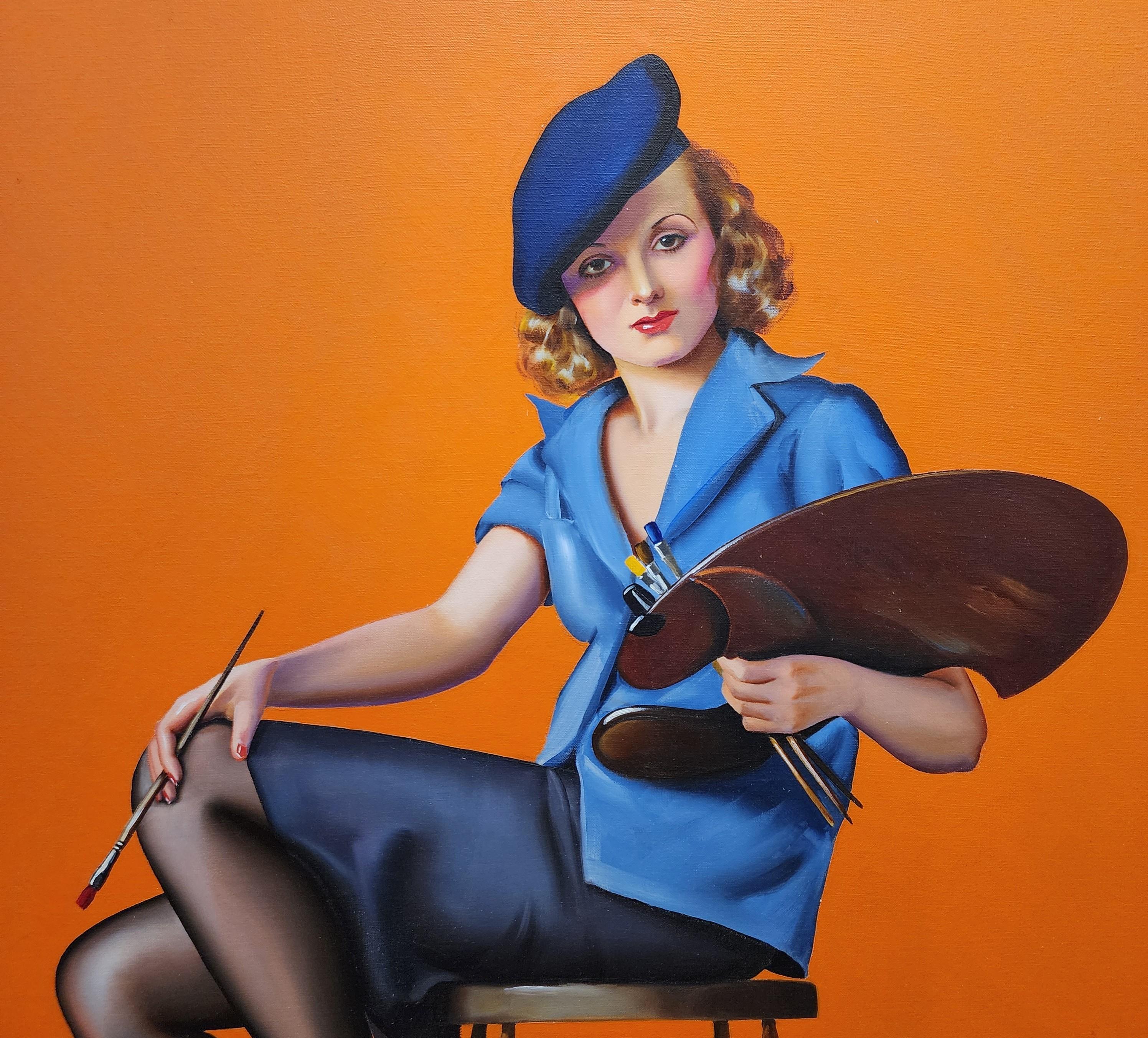 Mia moglie Myrtle con tavolozza e pennello, Art Deco - Painting di Lawrence G. Low