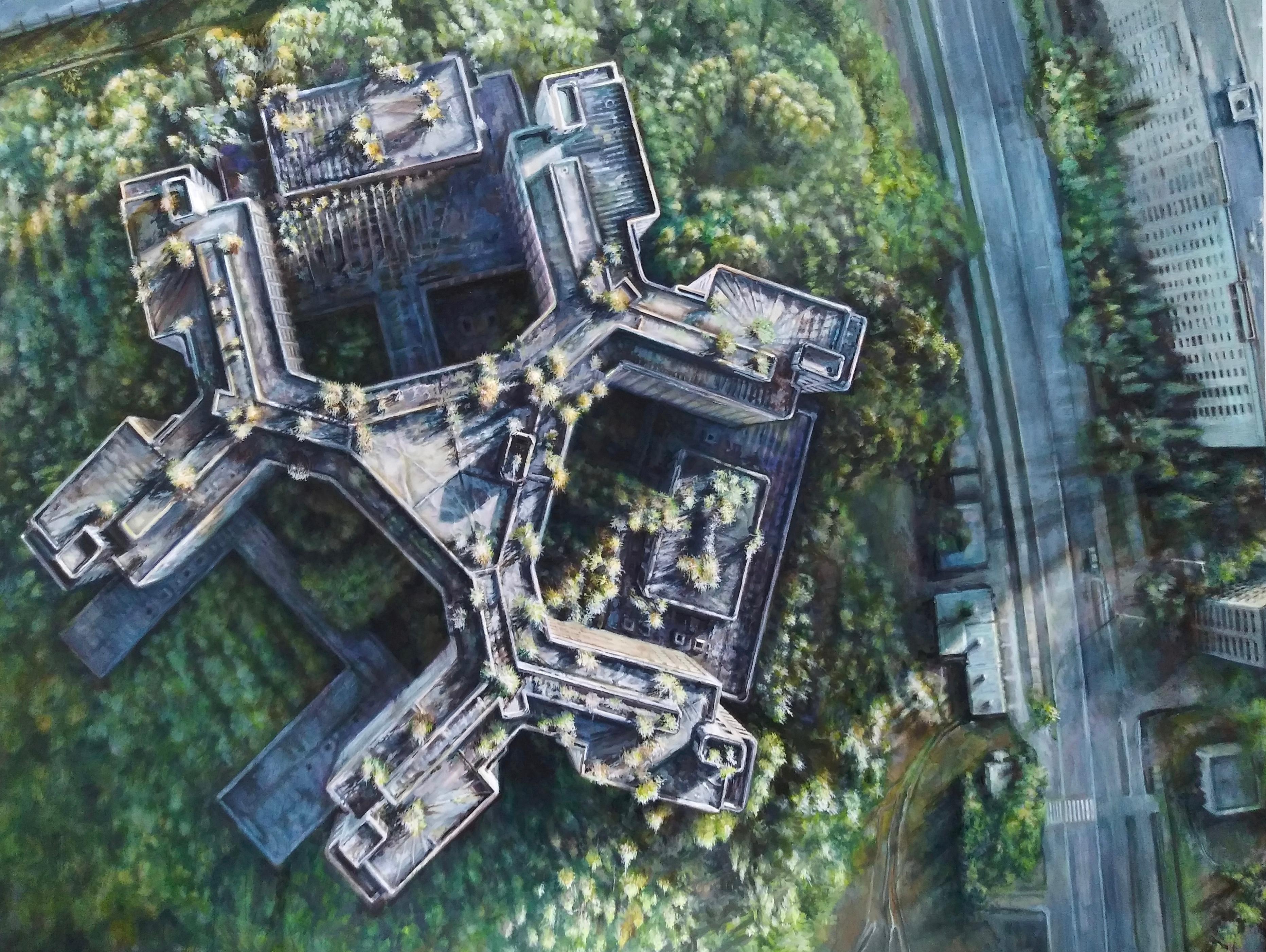 Lawrence Gipe Landscape Painting - Russian Drone Painting No. 4 (Abandoned Hospital, Moscow)