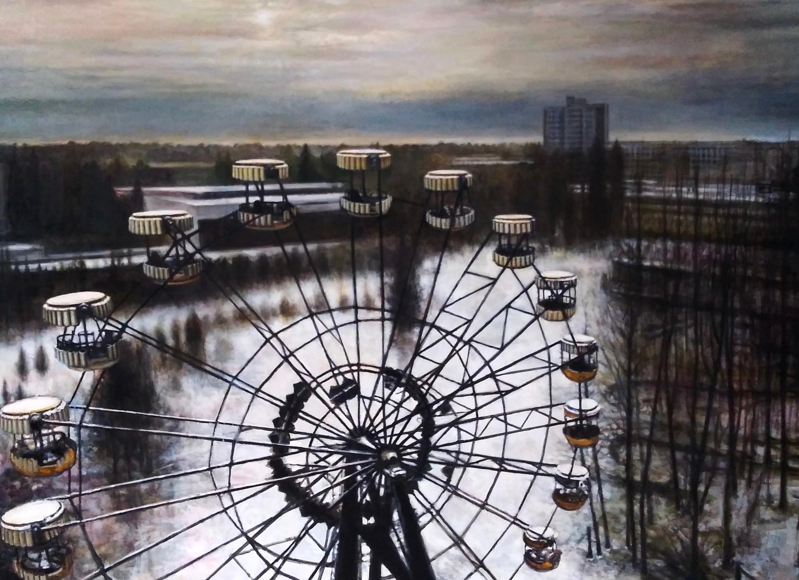 Lawrence Gipe Landscape Painting – Russisches Drone-Gemälde Nr. 6 (Ferris-Rad bei Pripyat, 2016)