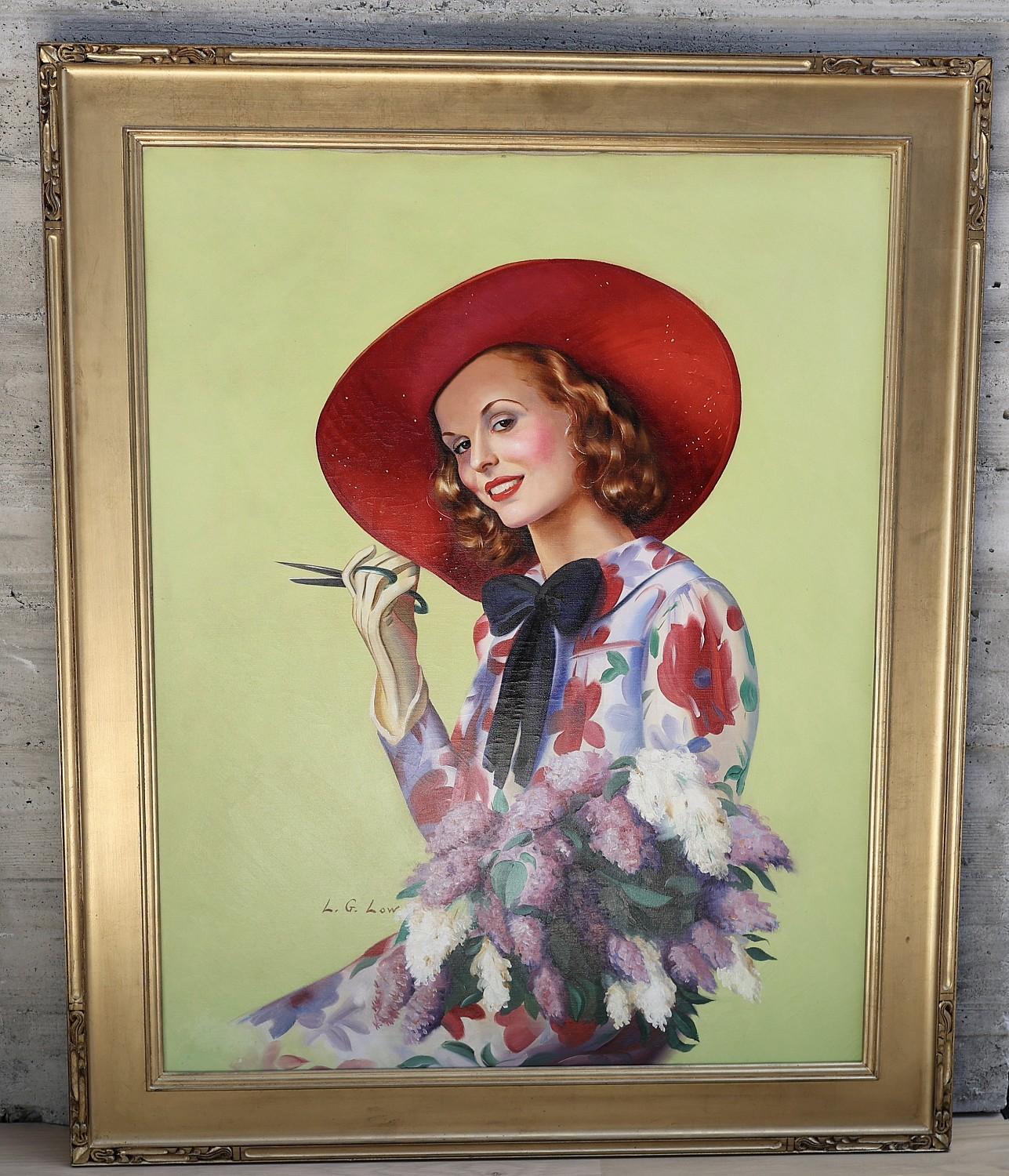 Frau mit rotem Hut, die Blumen schneidet, Zeitschriftencover-Proposal aus der Mitte des Jahrhunderts – Painting von Lawrence Gordon Low