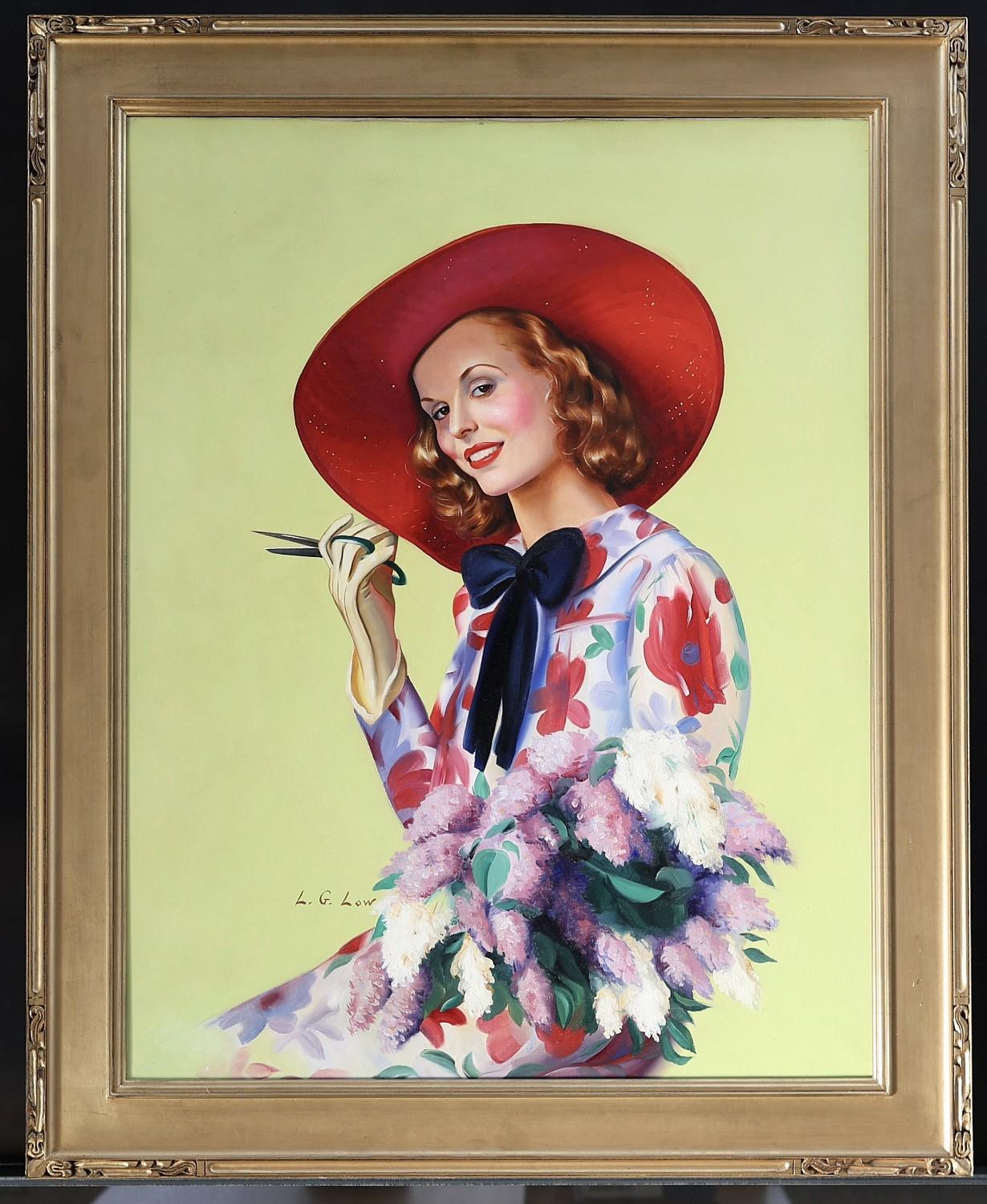 Frau mit rotem Hut, die Blumen schneidet, Zeitschriftencover-Proposal aus der Mitte des Jahrhunderts (Beige), Figurative Painting, von Lawrence Gordon Low