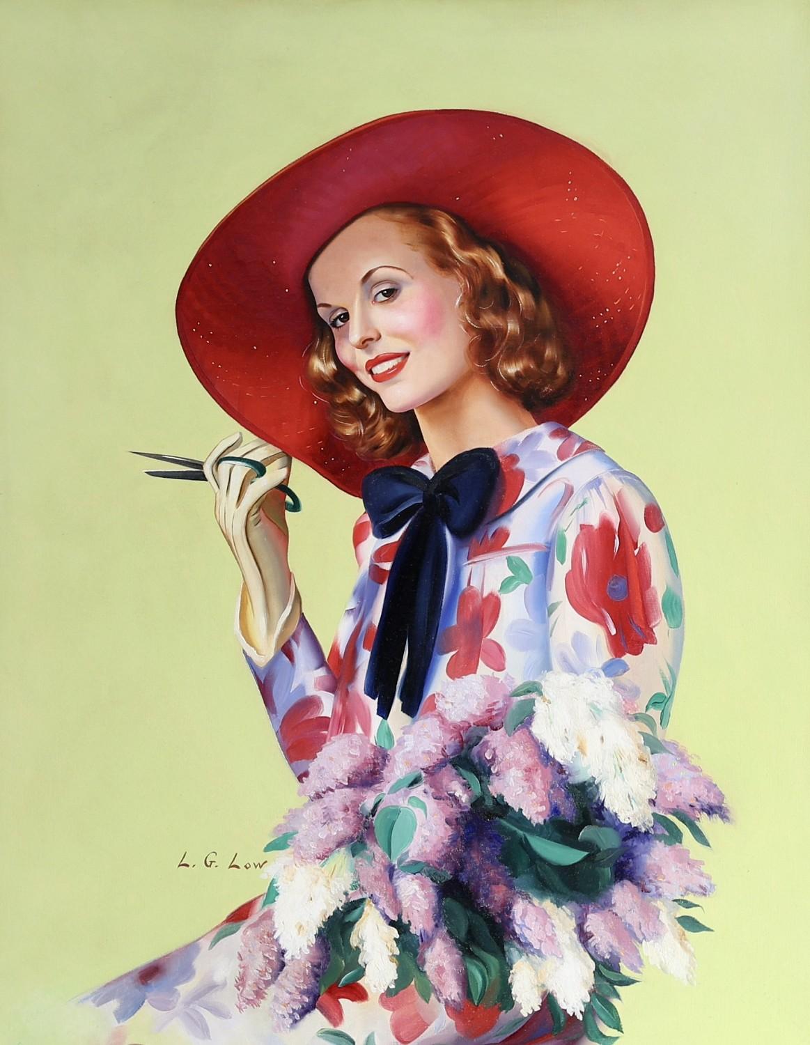 Lawrence Gordon Low Figurative Painting – Frau mit rotem Hut, die Blumen schneidet, Zeitschriftencover-Proposal aus der Mitte des Jahrhunderts