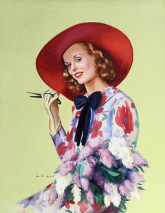 Woman in Red Hat Cutting Flowers, Mid-Century Magazine Cover Proposal