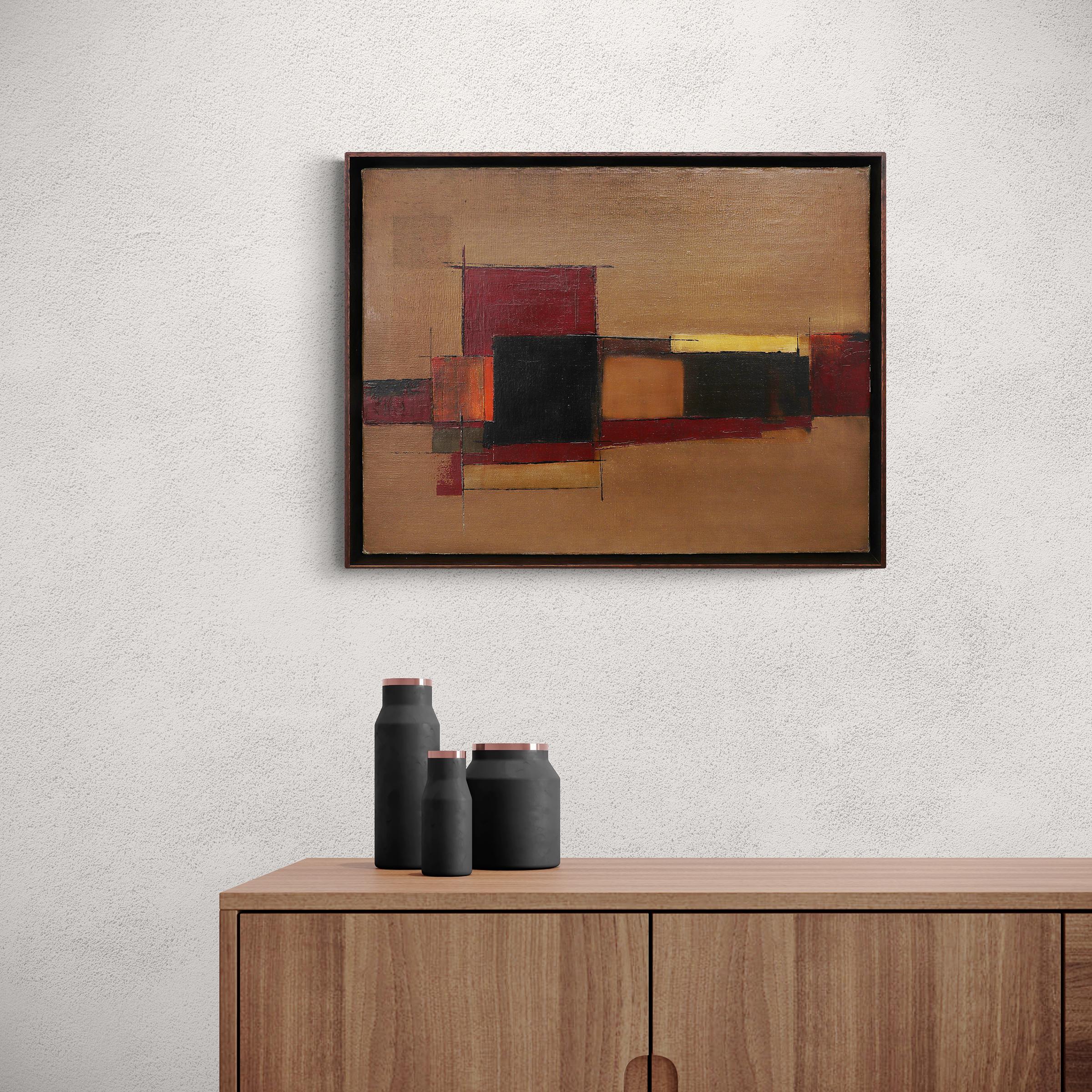 Light of Hope, 1970s Abstract Geometric Oil Painting Red Black and Brown For Sale 3