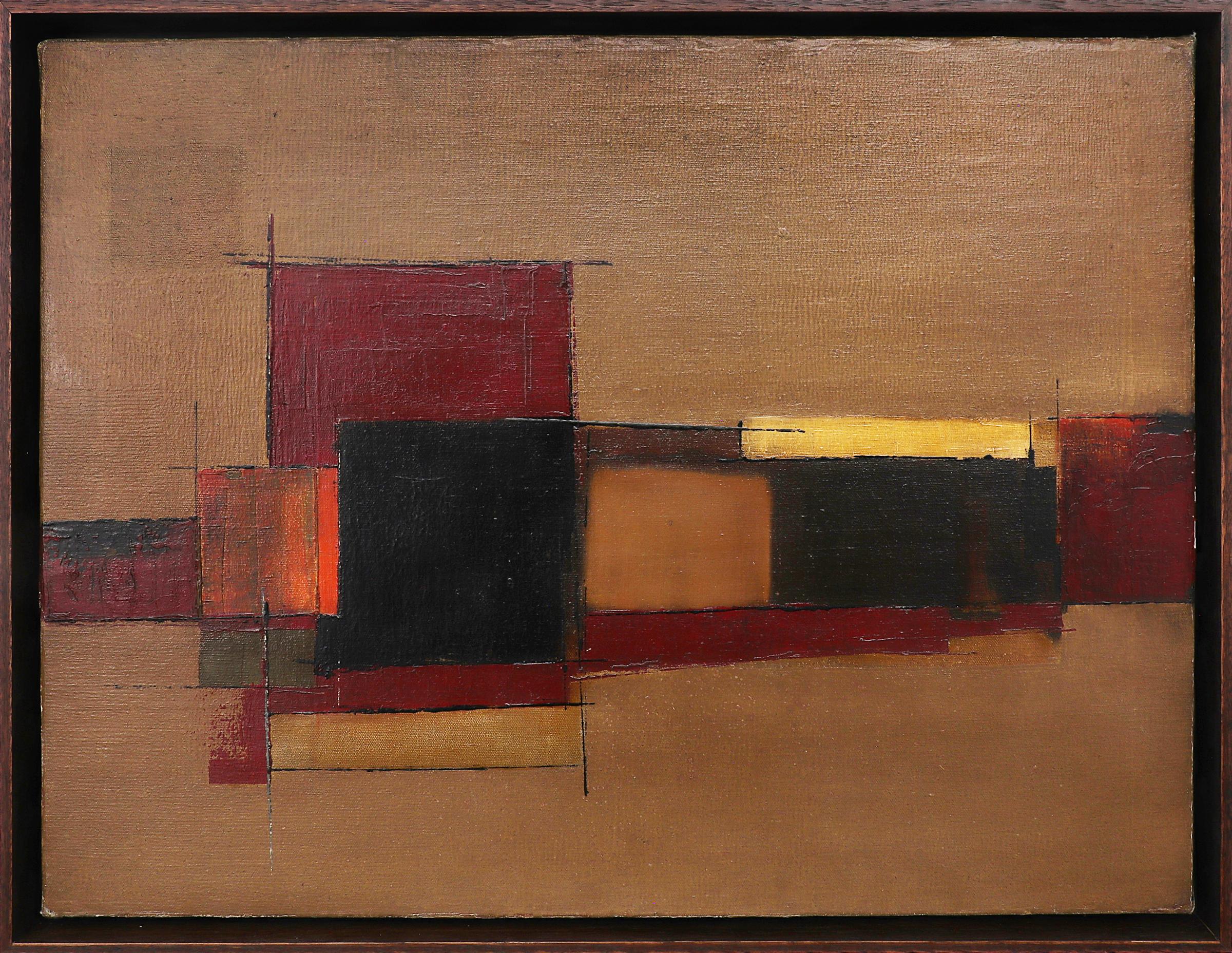 Lawrence Harris Abstract Painting - Light of Hope, 1970s Abstract Geometric Oil Painting Red Black and Brown