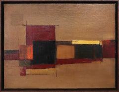 Light of Hope, 1970s Abstract Geometric Oil Painting Red Black and Brown