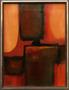 Pair of Abstract Oil Paintings, Orange, Green and Gold, Mid Century Modern