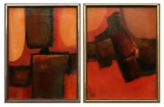 Pair of Abstract Oil Paintings, Orange, Green and Gold, Mid Century Modern